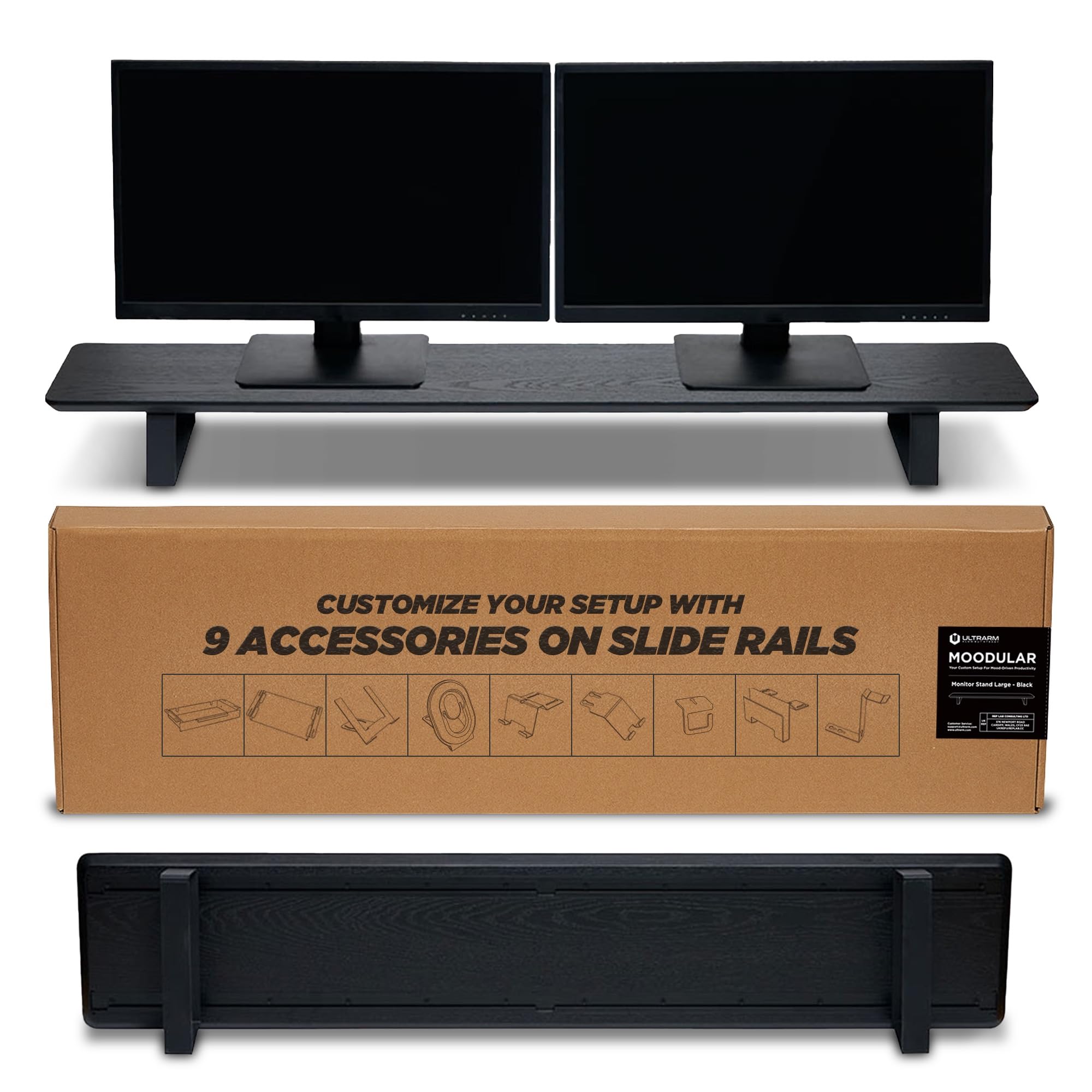ULTRARM Moodular Wooden Monitor Stand 45.6” (116cm) Large Desk Organizer with Metal Slide Rails for Drawer, Tray, Laptop, Tablet, Phone & Headphones Customizable Riser for Organized Workspace Black