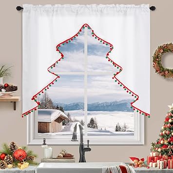 FRAMICS Christmas Tree Valance with Red and Green Pompom Boho Christmas Swag Valance with Tassel White Christmas Valance for Windows Rod Pocket Swag Valance for Kitchen, 52" W x 36" L, 1 Panel