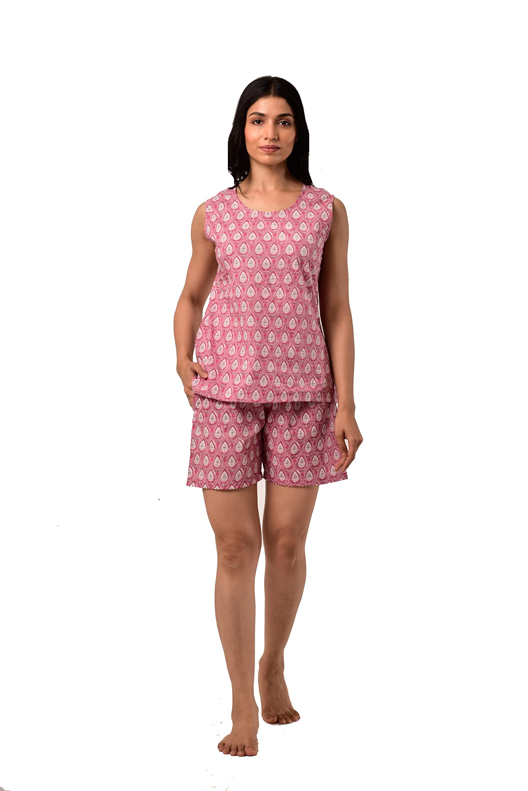 IKK KUDI BY SEERAT Comfortable 100% Cotton Top & Shorts Unique Pink Raindrop Floral Print Night Suit for Women / Girls