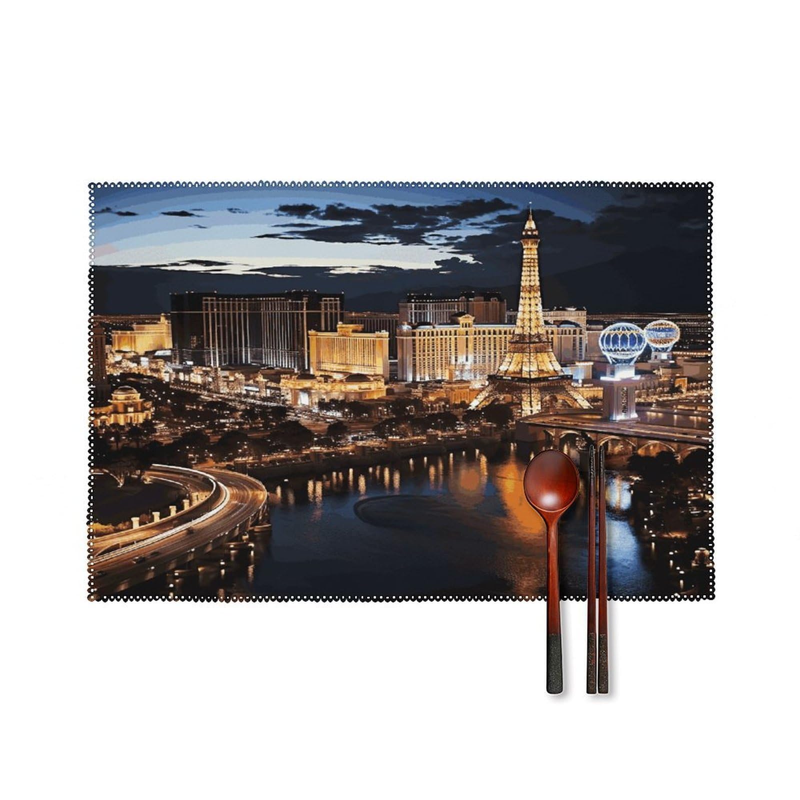 Las Vegas Night View Placemats Set of 4 Heat Resistant Non-Slip Place Mats for Dining Table Washable Placemat Wipeable Dining Table Mat Canvas Place Mats Dining Table Decor