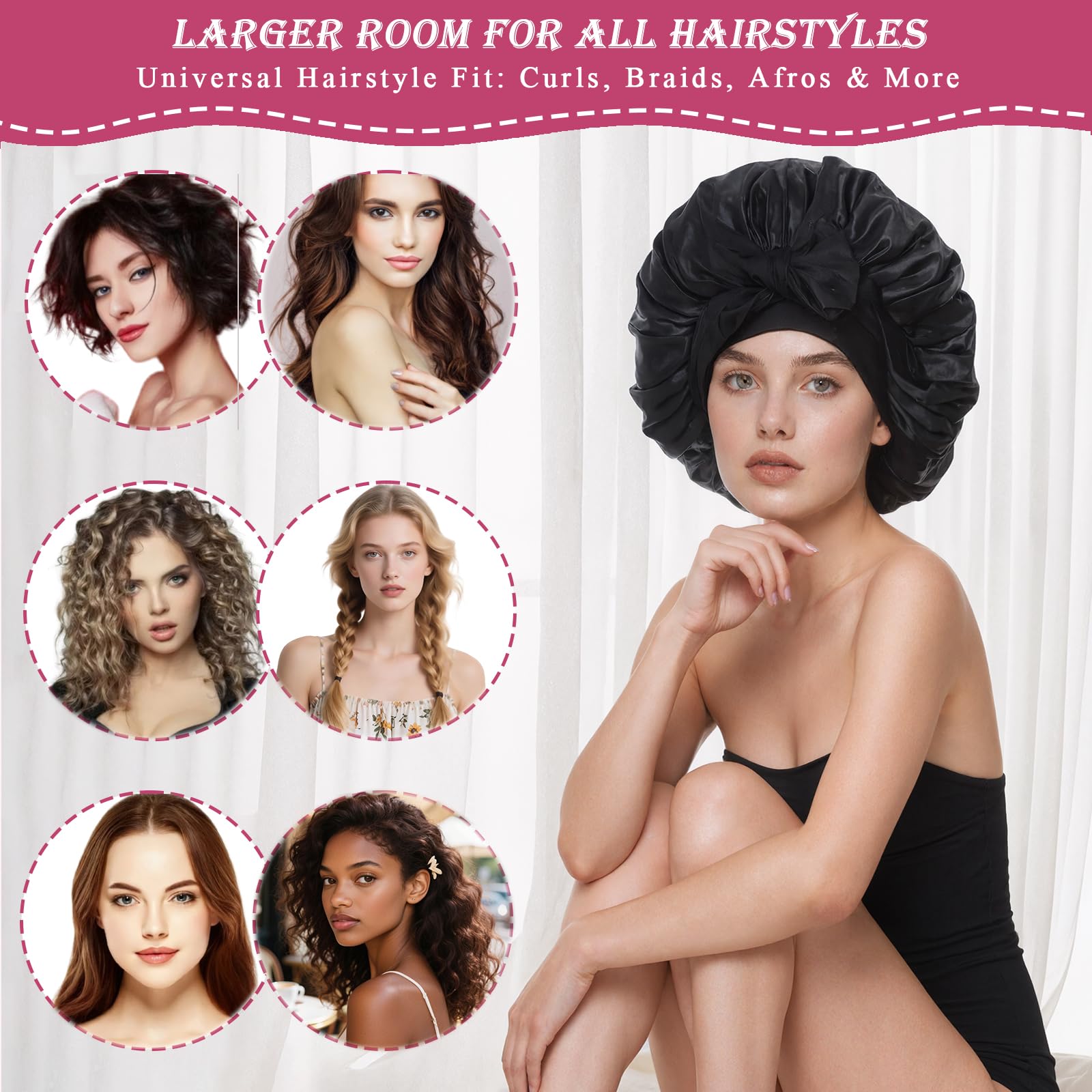 Loomify 2 Pezzi Cuffia Seta Capelli Notte, Bonnets Seta per Capelli Ricci, Cuffia Capelli Ricci Notte per Dormire, Cuffie di Seta con Laccetti per Donna Ragazza (Nero/Rosa)