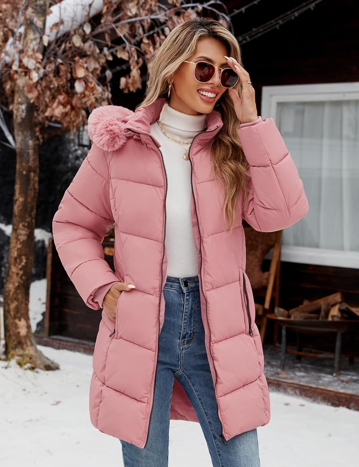 Womens Winter Coats Puffer Down Parka Thicken Warm Hooded Jacket Fleece Lined Outwear with Removable Faux Fur Hood - Image 2