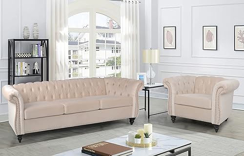Miniatura 1 de RARZOE Moderno juego de sofá de 2 piezas, contemporáneo Chesterfield de terciopelo con botones copetudos, sofá de tres plazas y silla de club