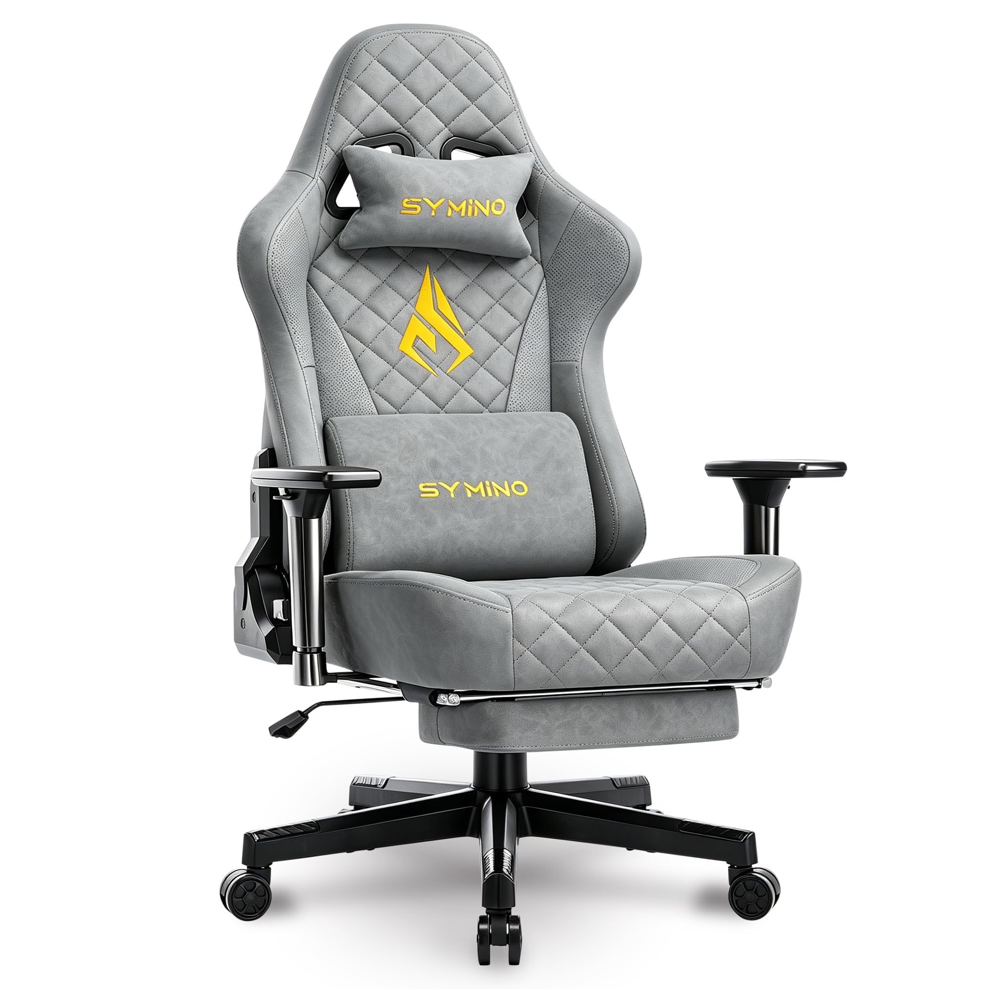 Symino Chaise Gamer Ergonomique - Fauteuil de Bureau avec Repose-Pieds Télescopique, Support Lombaire et Hauteur Réglable - 200kg (Simili Cuir Grey)