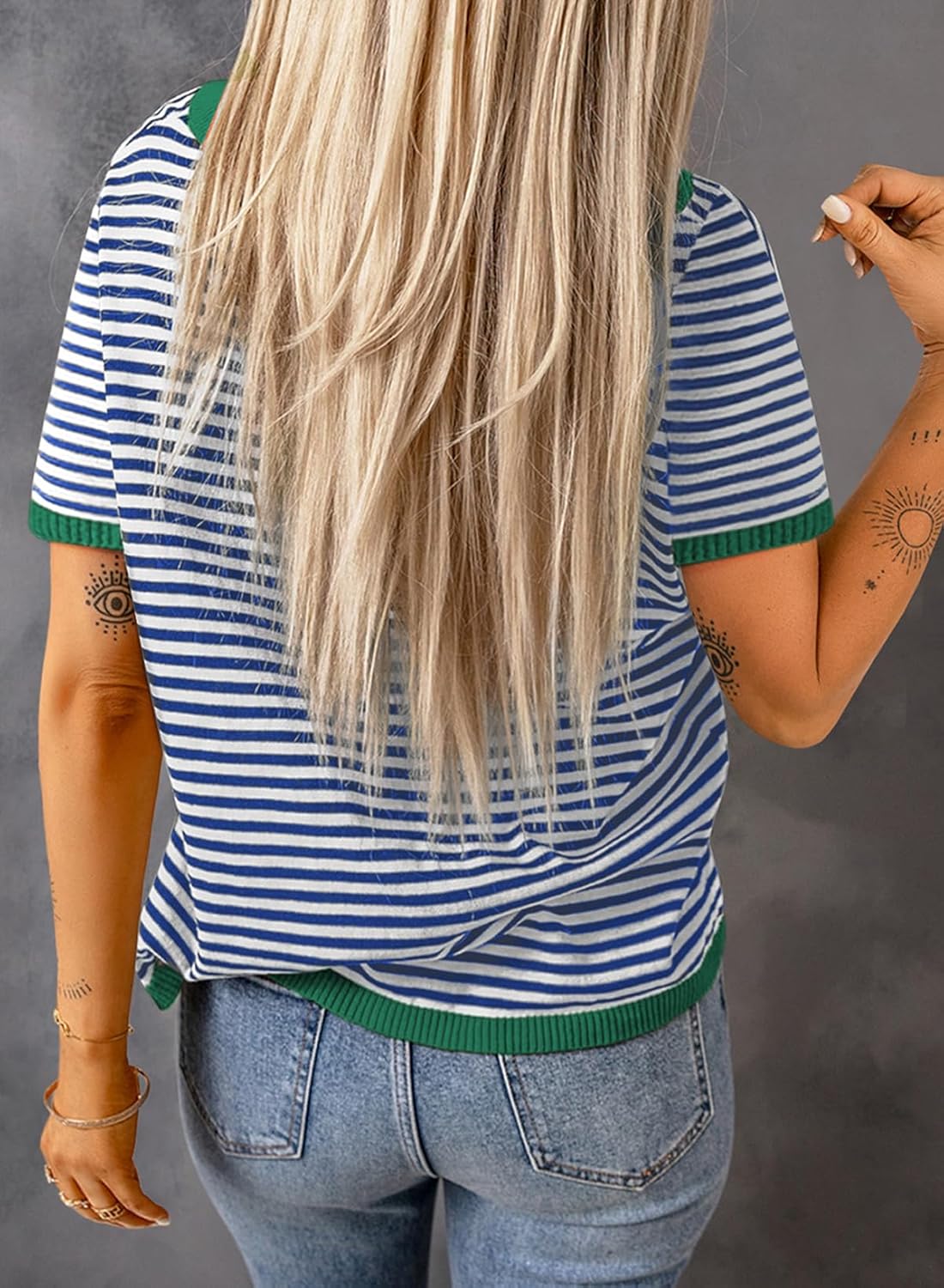 Womens Summer Fall Short Sleeve Sweaters Striped Lightweight Cotton Sweater Crew Neck Color Block Pullover Tops - Image 4