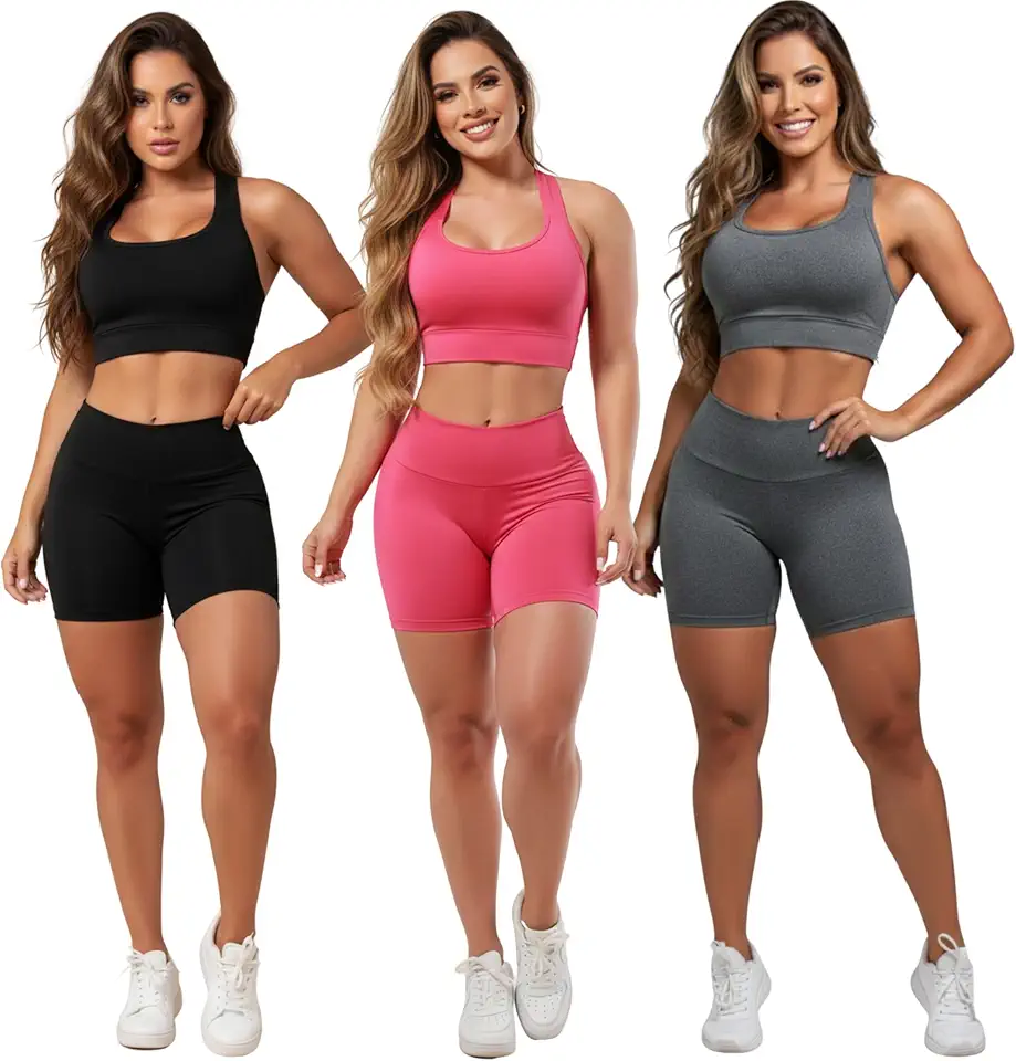 Kit 3 Conjuntos Fitness Top e Short para Academia Roupas Femininas Ginástica Suplex