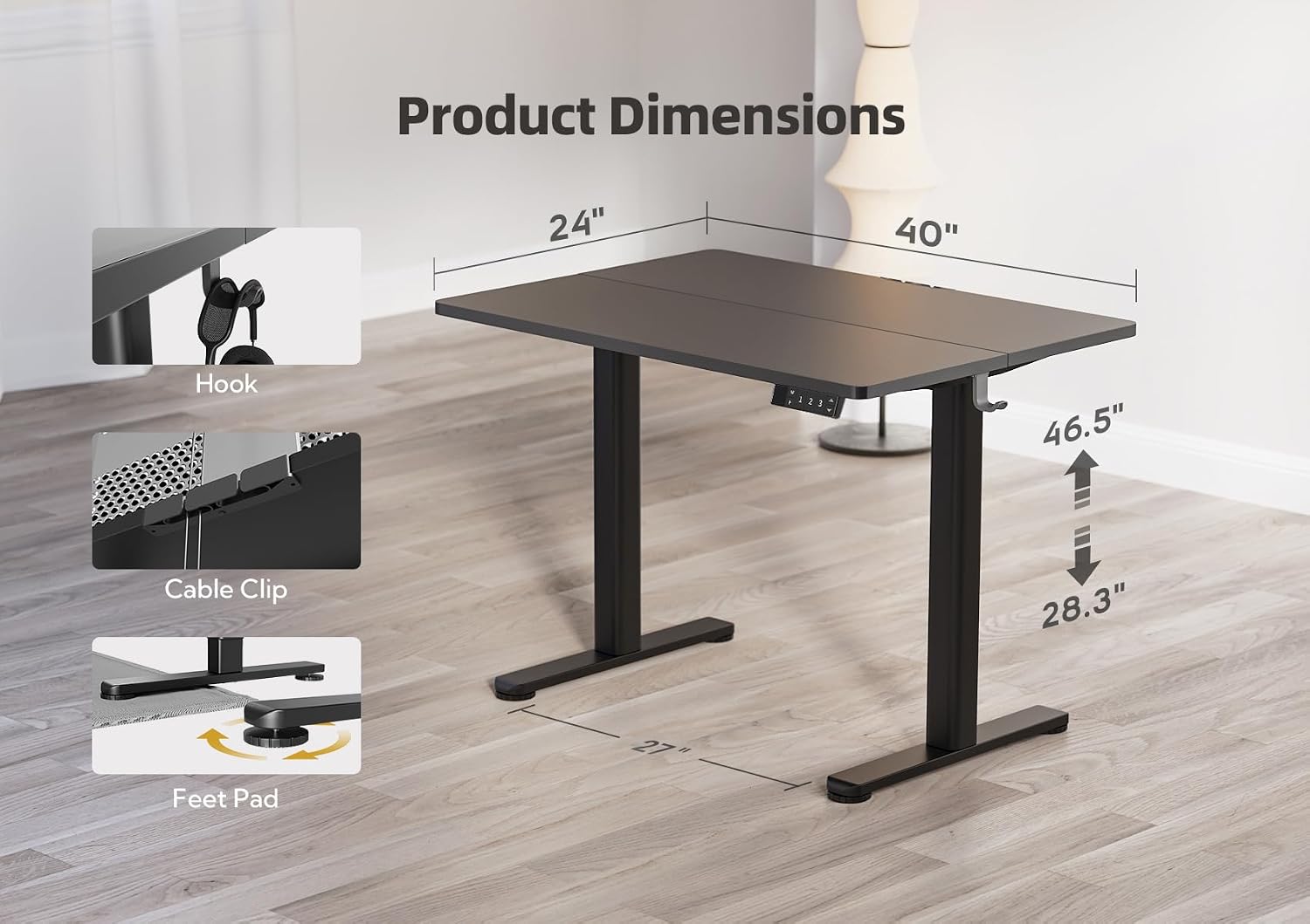 YDN Electric Standing Desk Adjustable Height, 40 x 24 Inches Stand up Desk with Cable Management, Home Office Desks with Splice Board & Black Frame, Black Top - 3