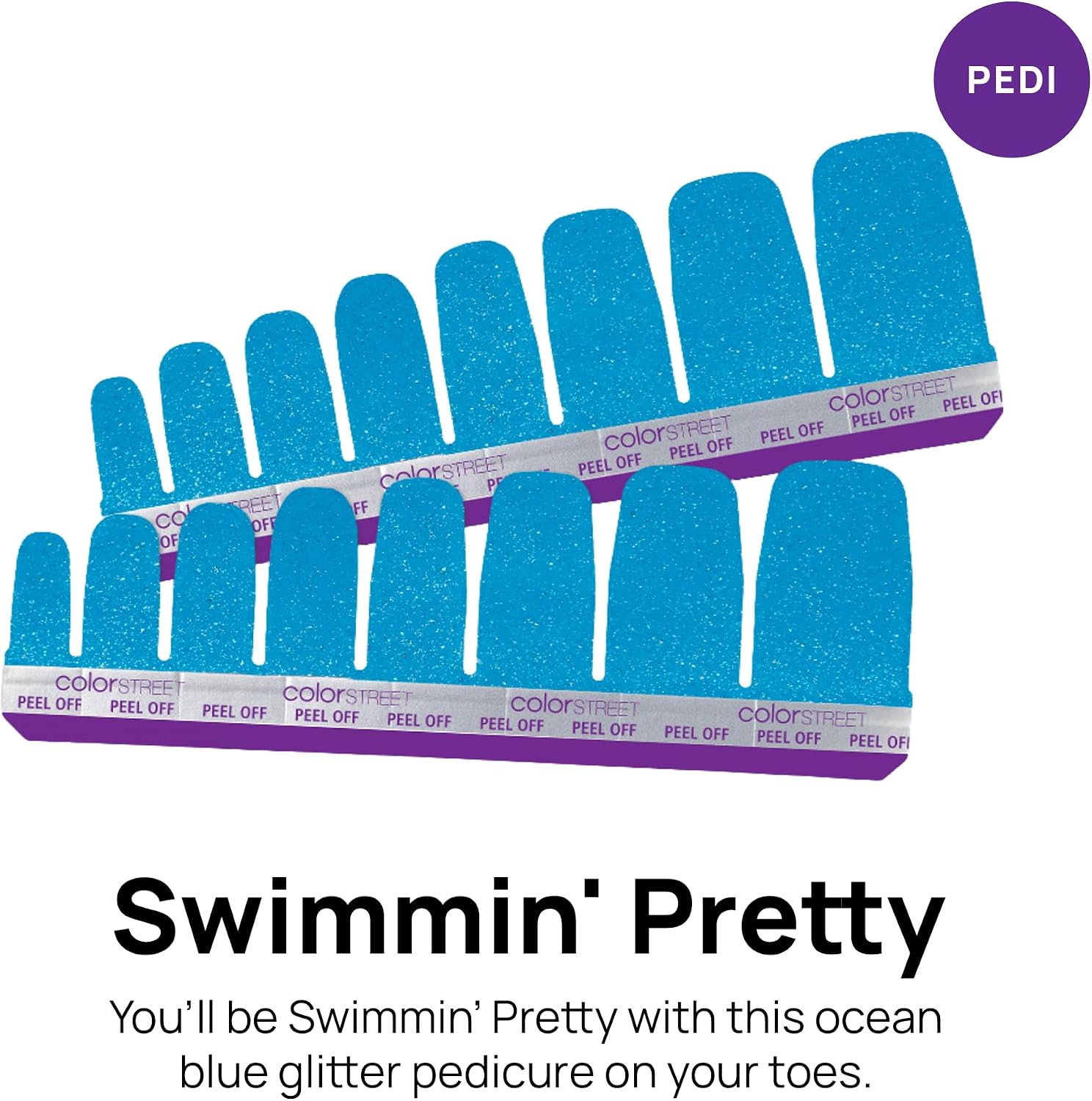 Color Street - Swimmin' Pretty - Ocean Blue Glitter - 16 Pedi Strips
