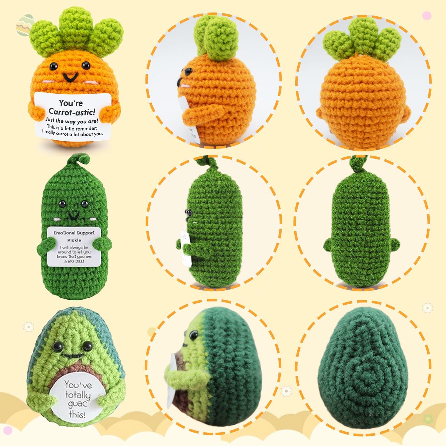 UNCLEM 6PCS Mini Emotional Support Nuggets Positive Crochet Animals Set Potatos Pickle Taco Frog Funny Inspirational Gifts for Women Men Coworker, Cute Birthday Gifts, College, Office Desk Decor