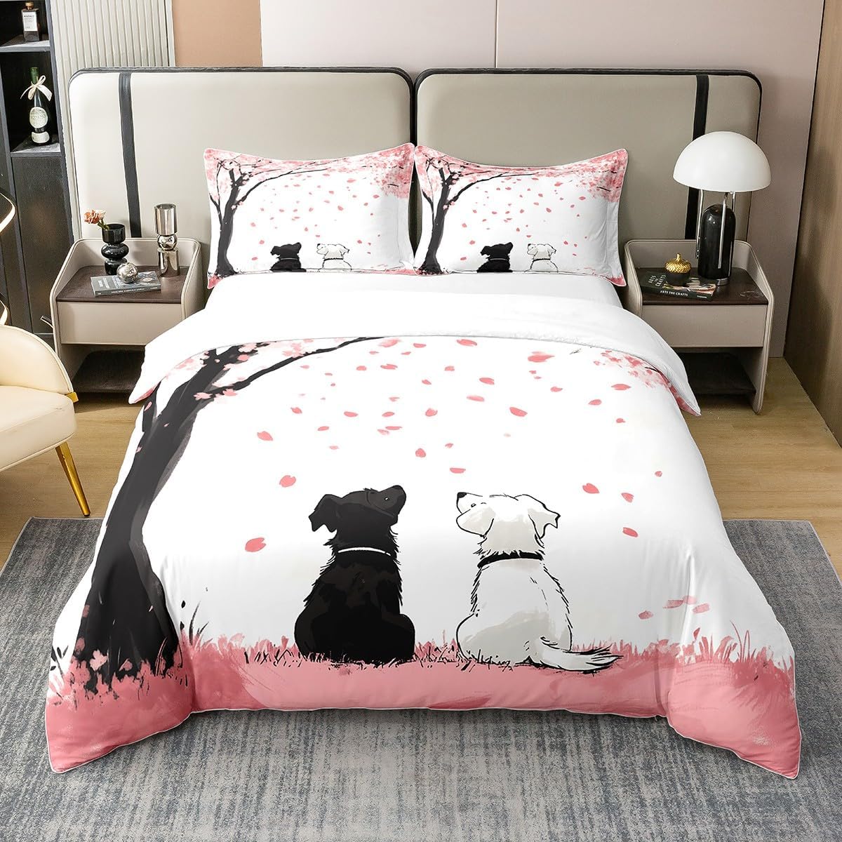 100% Cotton Cartoon Black White Dog Duvet Cover Full Watercolor Pink Cherry Blossom Bedding Set for Kids Girls Teens Cute Puppy Dreamy Floral Romantic Style Quilt Cover,2 Pillowcases(No Comforter)