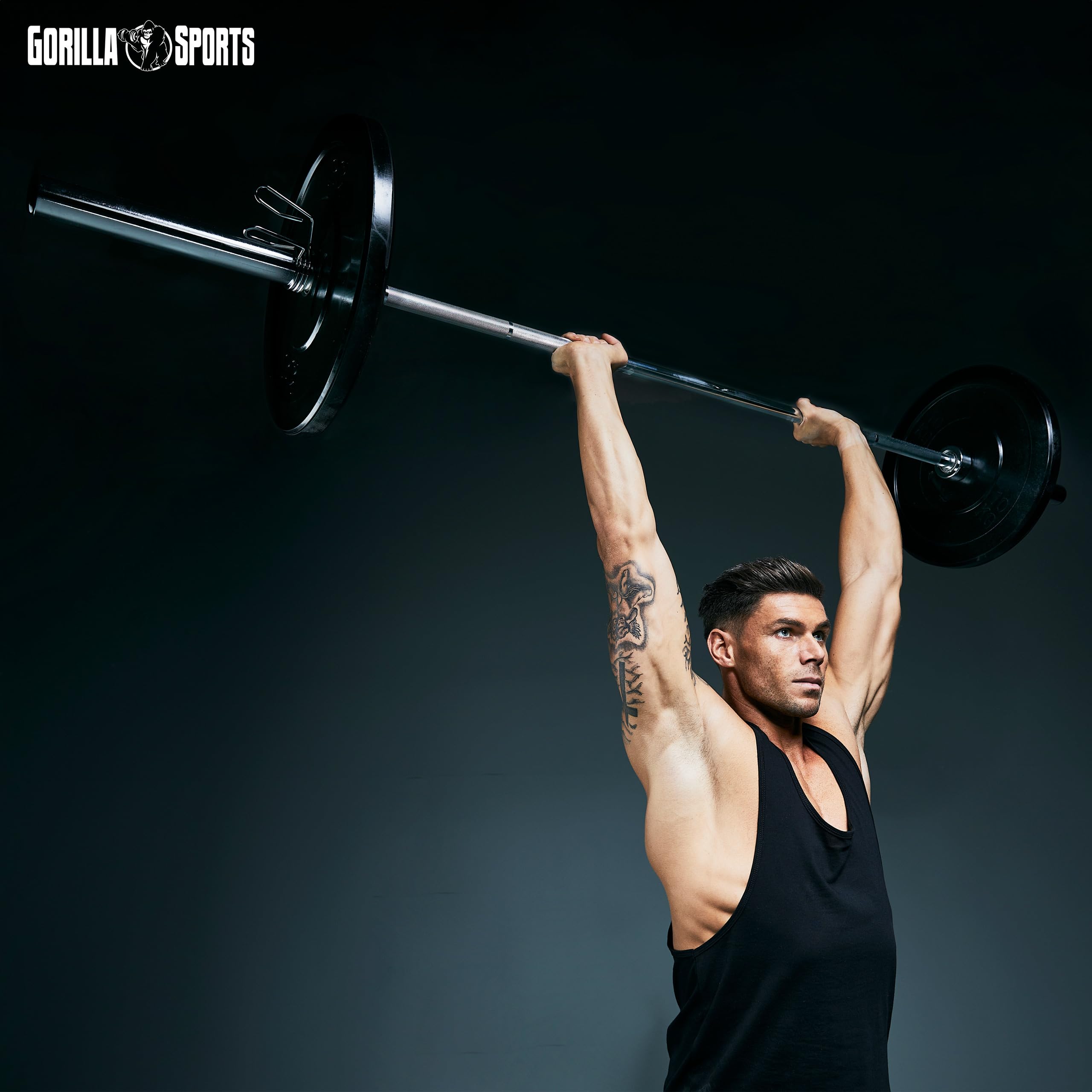 GORILLA SPORTS® Langhantelstange - 218cm / 220cm, Olympische, 50mm, bis 450 kg Belastbar, inkl. 2 Federverschlüssen, Gerändelt, Verchromt - Langhantel, Olympia Hantelstange, Langhantel-Stange