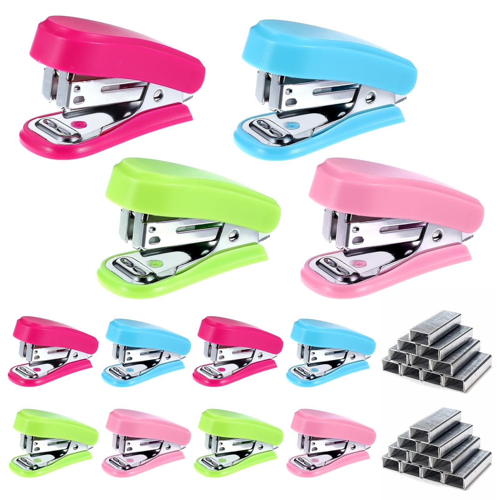 12 mini grapadoras con 12 cajas de grapas, incluye removedor de grapas integrado, grapadora pequeña de escritorio para suministros escolares de oficina (azul, verde, rosa, rosa)
