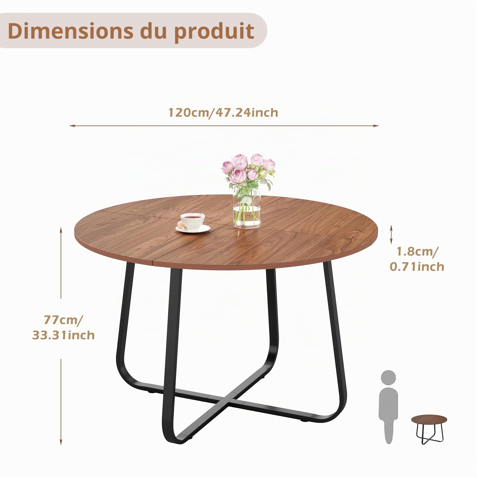 Table de salle à manger ronde 120 cm en bois marron noyer moderne pour cuisine, salon, salle à manger, terrasse, cour, café, bureau et autres endroits