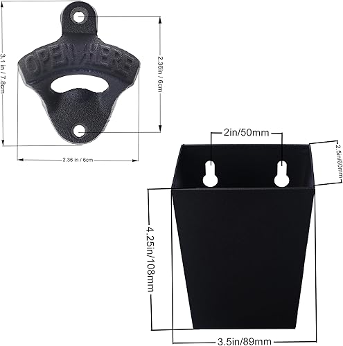 Miniatura 5 de Abridor de botellas de cerveza de hierro fundido negro montado en la pared con colector de tapas (paquete de 2)