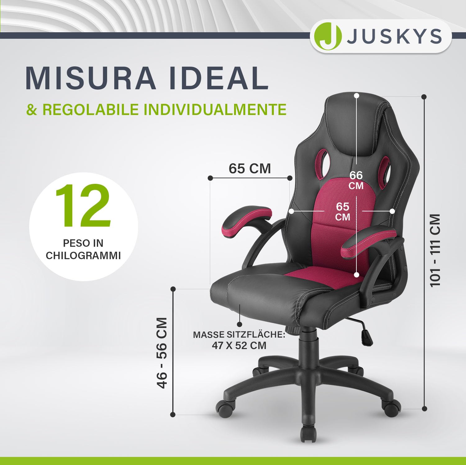 Juskys Sedia racing da scrivania Montreal bordeaux | Braccioli imbottiti e schienale ergonomico | Sedia da ufficio Sedia girevole Sedia da gaming