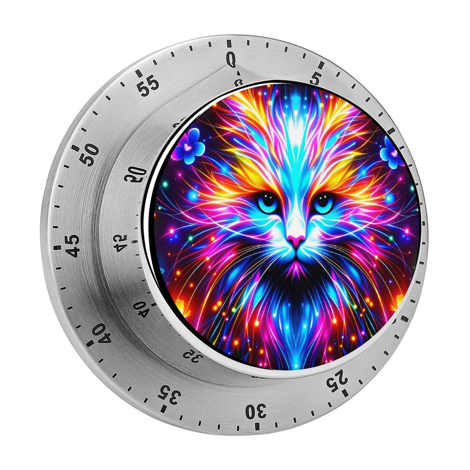 Neon Cat with Colorful Flames 60 Minute Wind Up Timer,Visual Mechanical Magnetic Timer with Loud Alarm for Kitchen