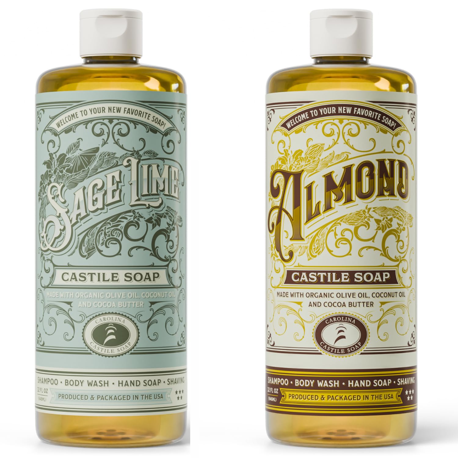 Carolina Castile Soap Sage Lime and Almond Castile Soap Liquid Bundle - 32 oz Vegan & Pure Organic Concentrated Non Drying All Natural Formula Body Wash & Shampoo