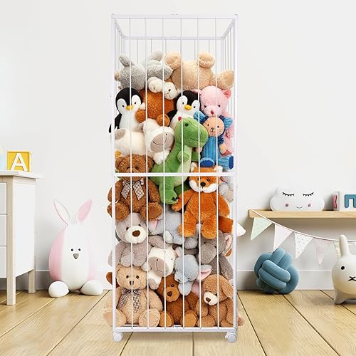 Miniatura 8 de Almacenamiento de animales de peluche, tubo de metal extra grande organizador de almacenamiento de juguetes con ruedas de freno, soporte para Blanco