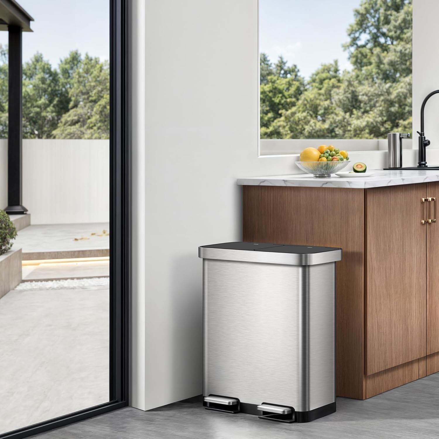 EKO Hana Deluxe Bote de Basura 40L+28L (68L) Doble Compartimento | Pedal Metálico | Acero Inoxidable Premium | Cubos Interiores Extraíbles | Ideal para Reciclaje en Cocina