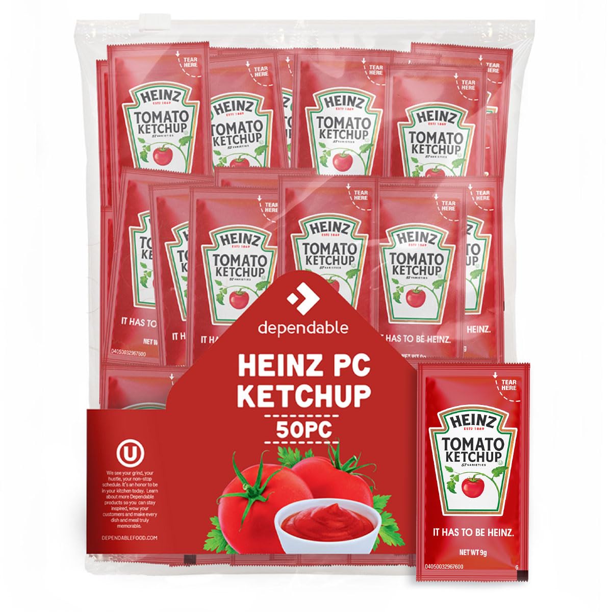 Heinz Ketchup Packets - 50 pezzi - Pacchetto condimento monodose, senza glutine, Kosher - Ketchup in un prodotto affidabile personalizzato per alimenti sicuro sacchetto sigillante