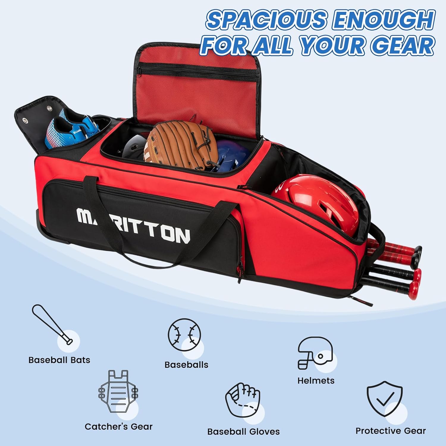 Rolling Baseball Catchers Gear Bag with Wheels, Large Baseball Softball Bag for 4 Bats with Shoe Compartment, Fence-Hooks and Multi-Pockets.