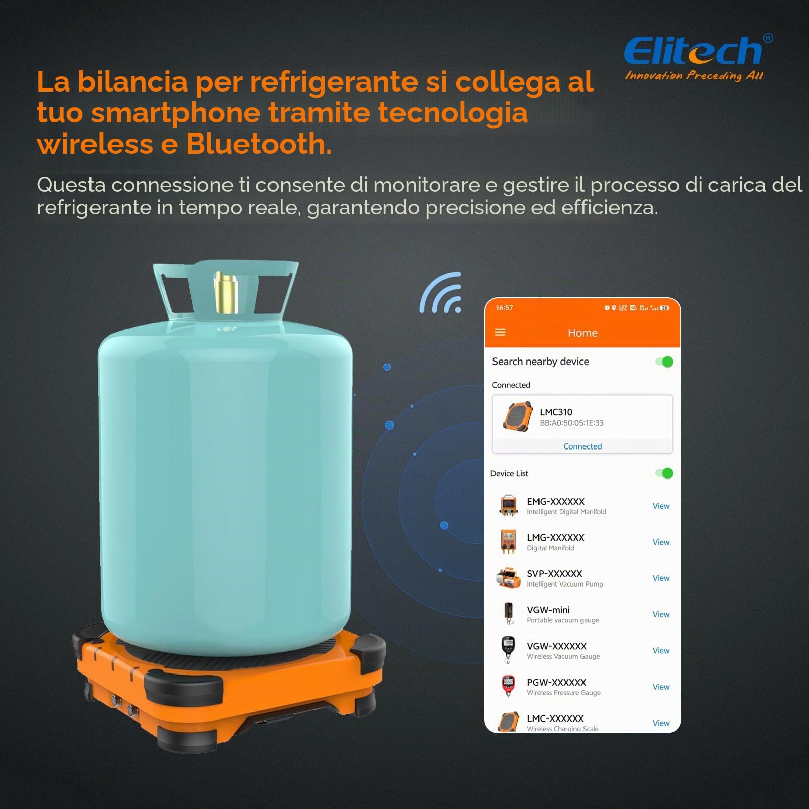 Elitech LMC-310 Bilancia Elettronica del Refrigerante, 100KG Senza Fili per il Rifornimento di Carburante Refrigerante Elettronico per HVAC e Auto AC con Custodia Portatile