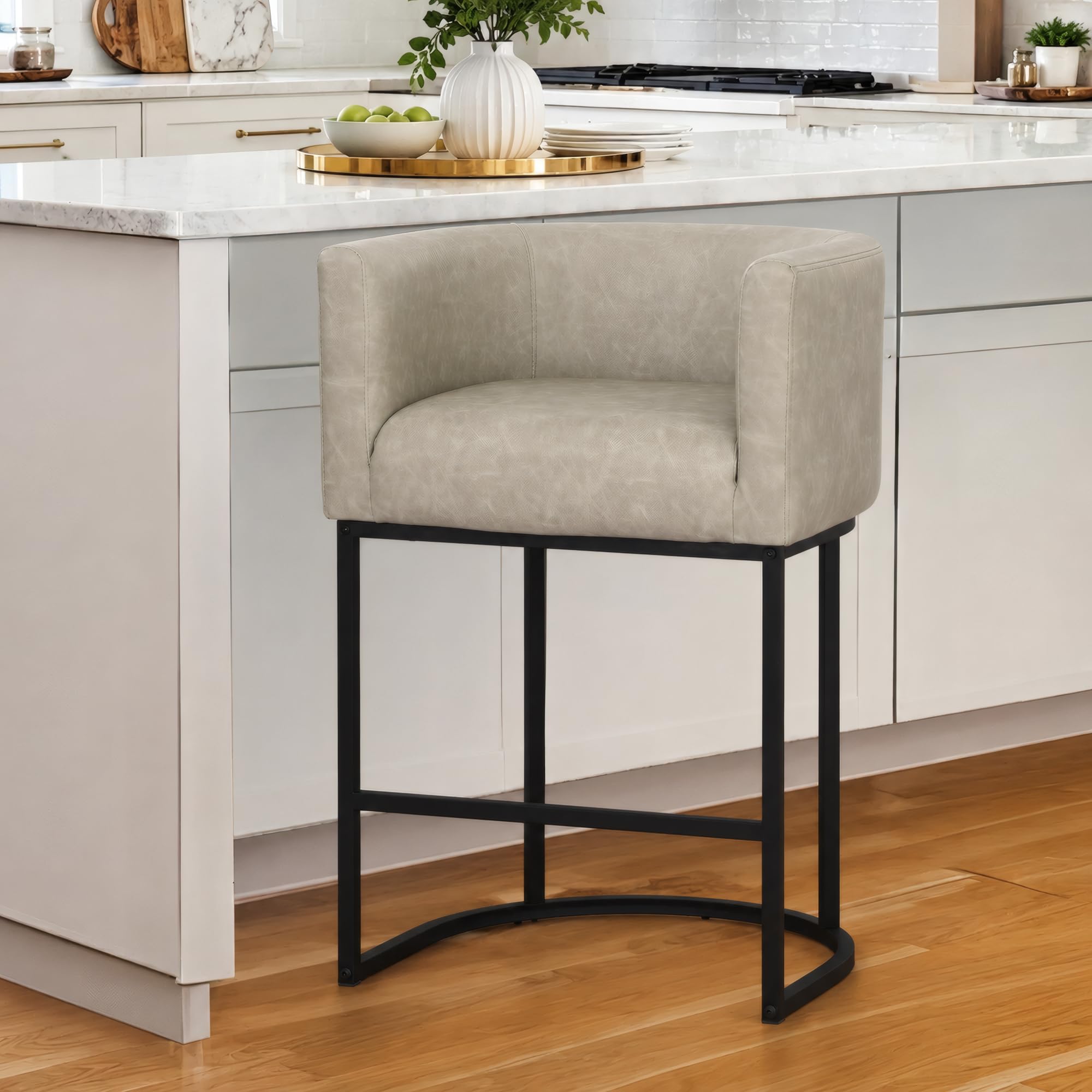 clinq 26" h counter height bar stools set of 1, modern barrel counter chairs with backrest and arms, faux leather upholstered accent barstools for kitchen island, black metal frames, grayish white