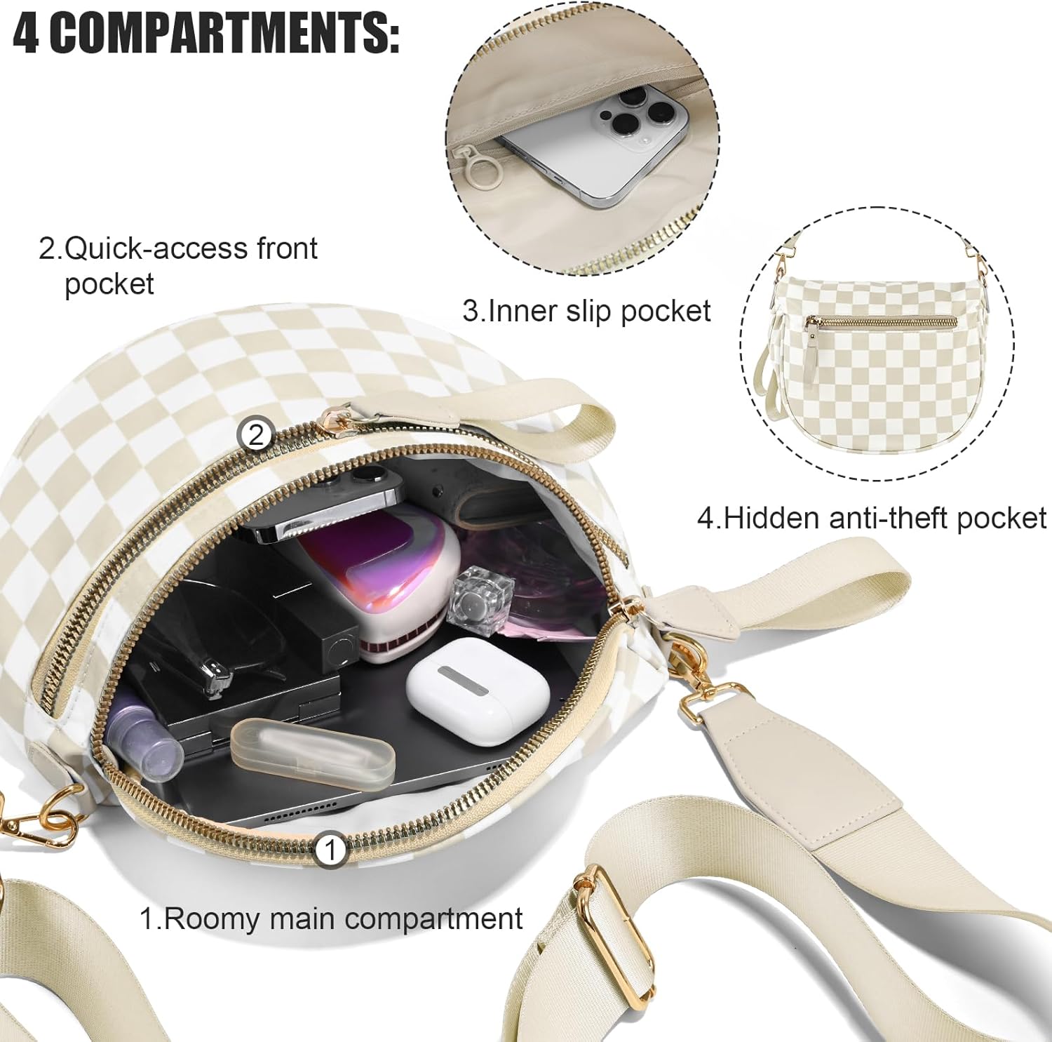 Checkered Crossbody Bags for Women, Large Nylon Bum Bags Plus Size Fanny Pack Sling Bag Belt Bag for Women Travel, Beige Checkered - Image 5