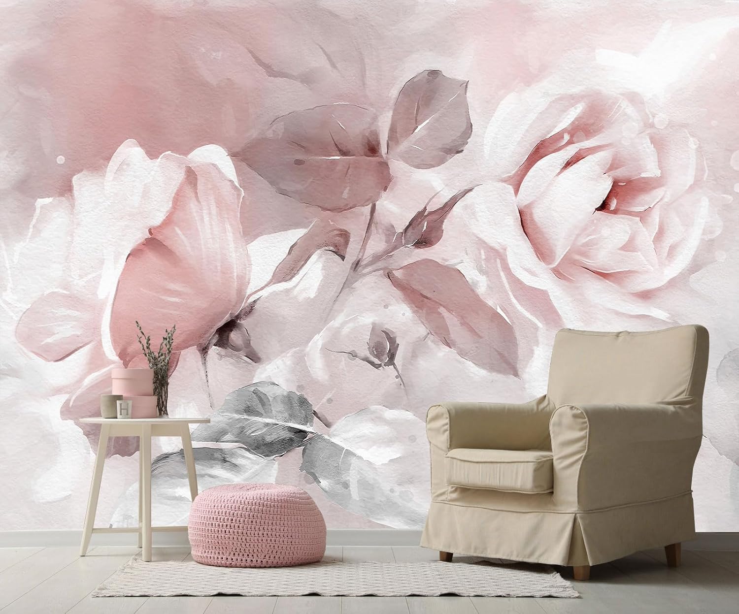 Pink Watercolor Peony Floral Mural Wallpaper Rose Flower Wall Mural for Living Room Bedroom Dining Room Office(Not Self-Adhesive) 255 127" x 77"