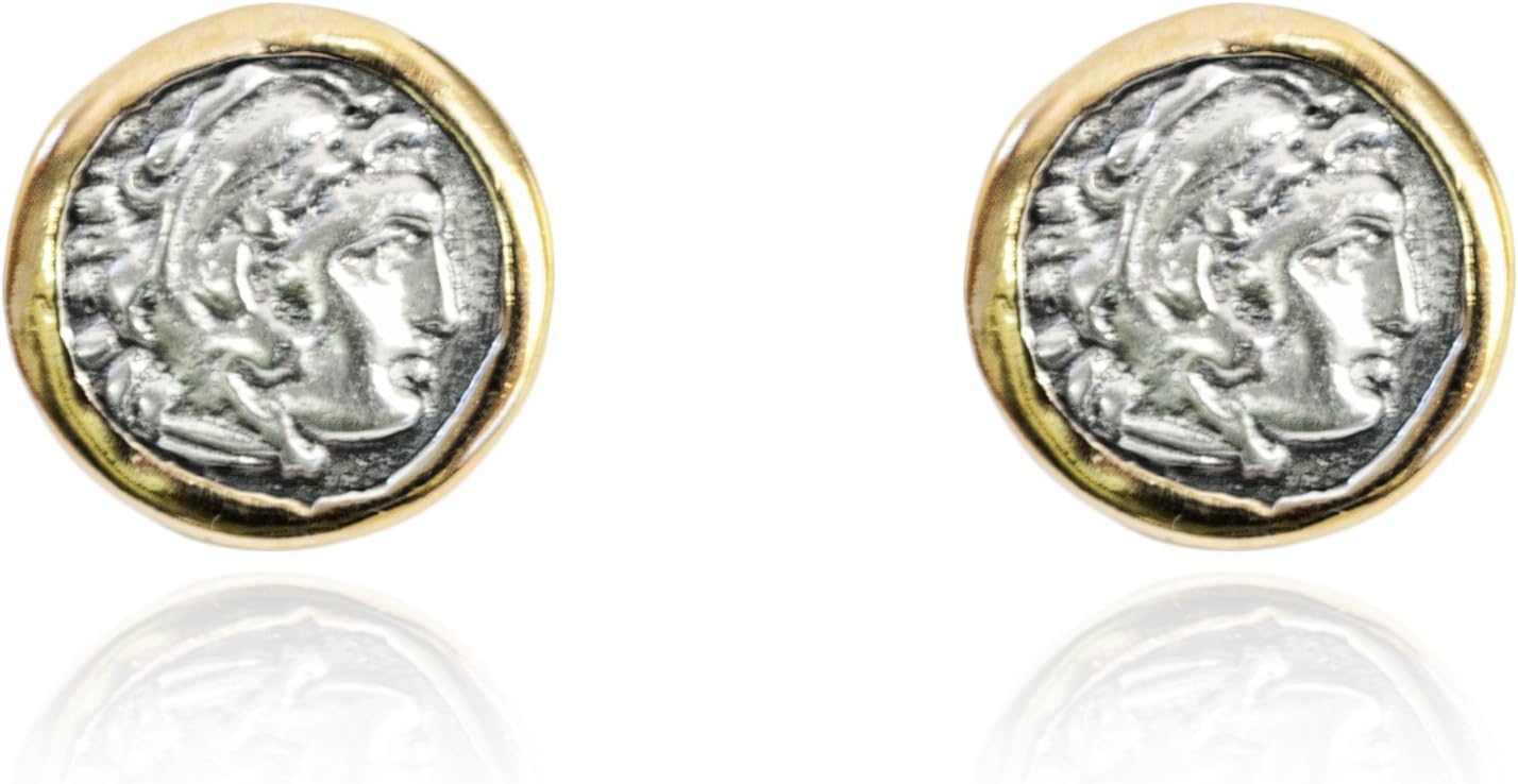 Joyasantiguas - Silver Earring Vintage gold plated/oxide Greek Coin Alexander The Great