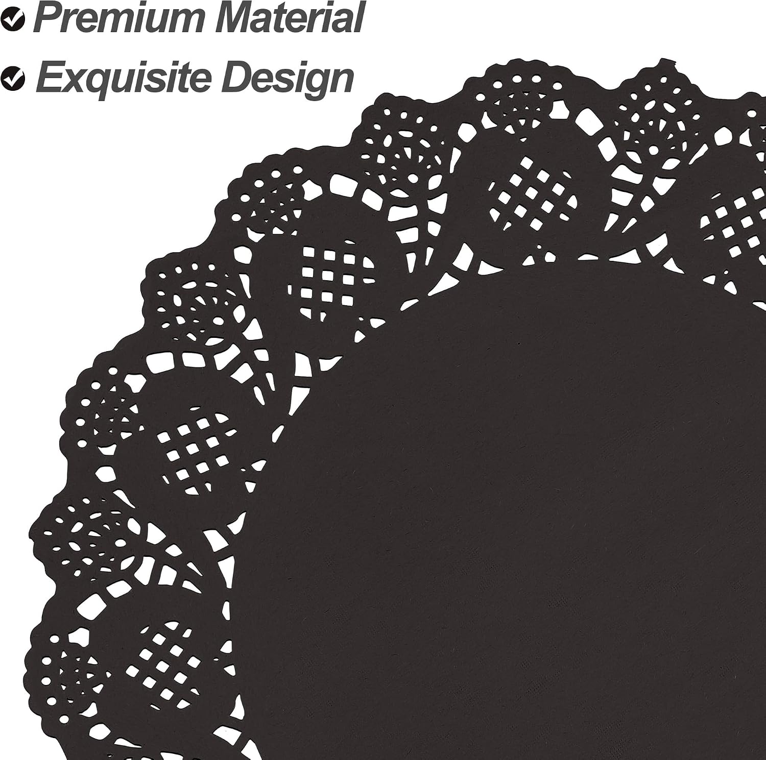 MCEAST 100 Pack Round Black Paper Doilies 13.5 Inches Lace Paper Place Mats Rustic Scallop Doily Disposable Table Pads for Food Cakes Crafts Party Weddings Tableware Decor
