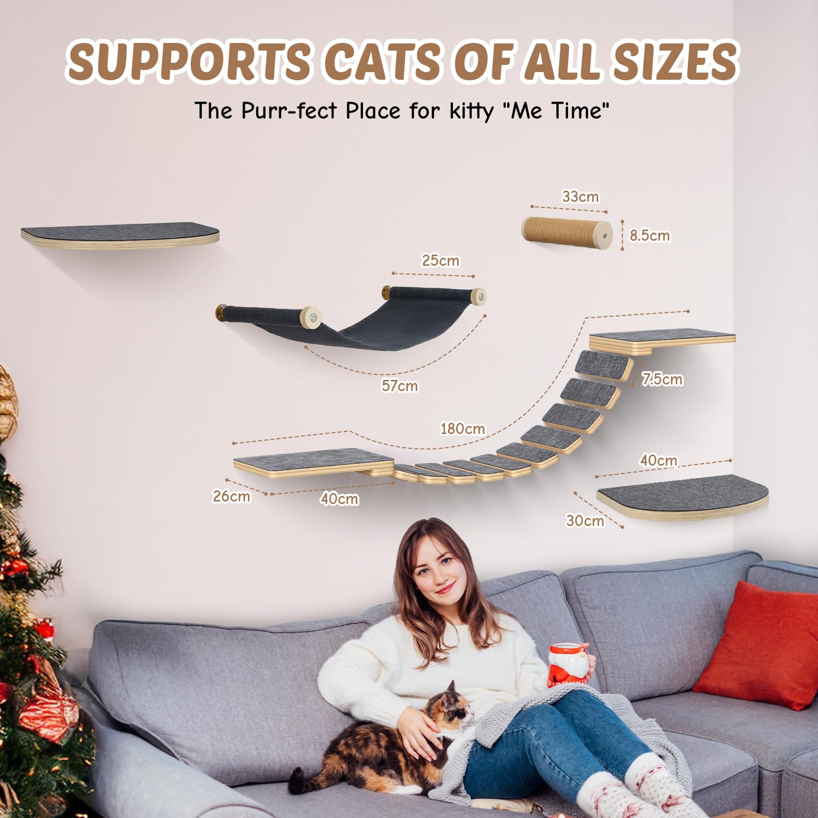 Set da parete modulare per gatti – in legno di betulla | 5 in 1 elementi da parete per gatti e passerella | Portata massima 35 kg | Montaggio semplice fai da te