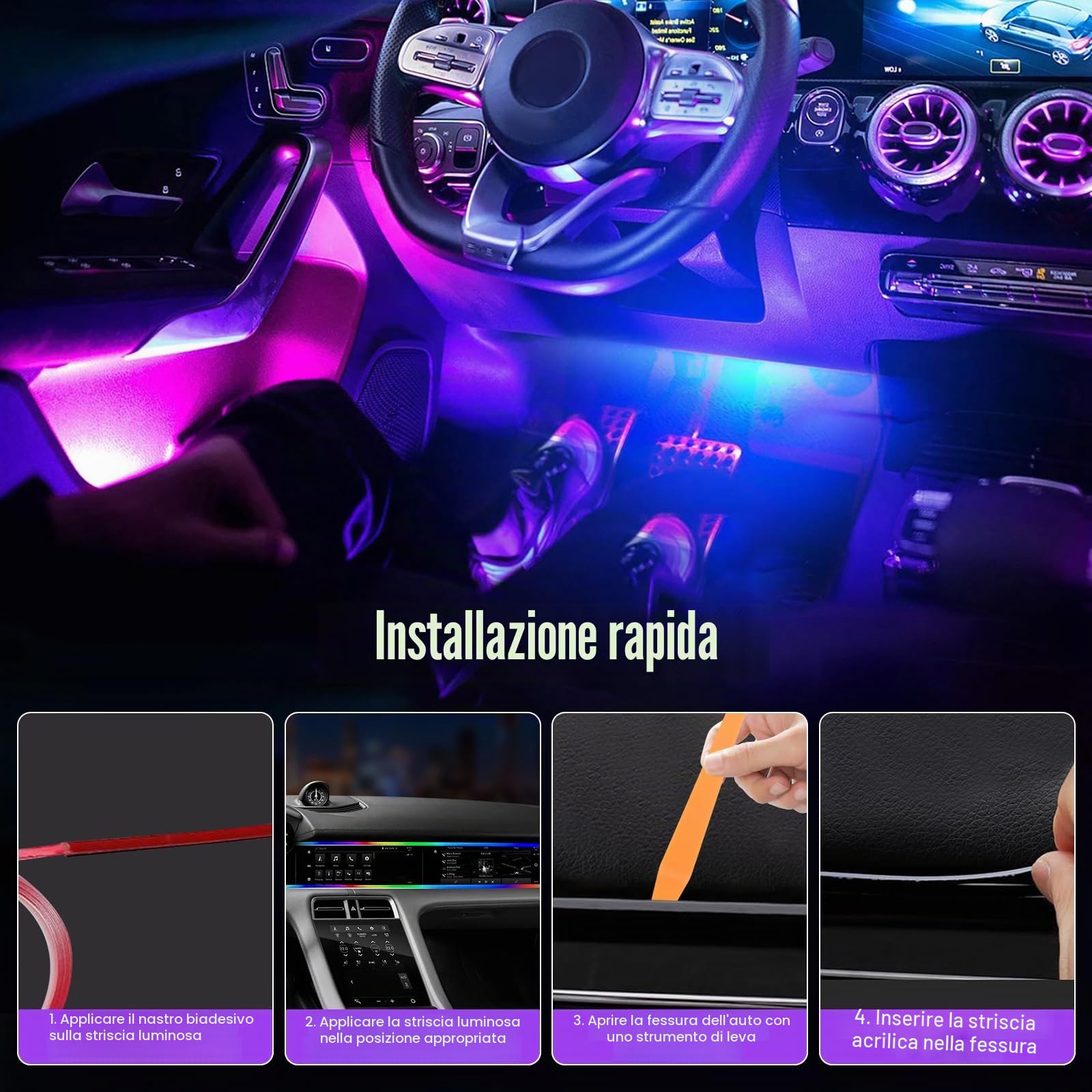 Illuminazione d'atmosfera dell'automobile, 2 In 1 Fibra Ottica Auto Interni, 110 Cm+35 Cm Luci Led Auto Interno, Led Macchina Interni Con 220 Modalità Dinamiche