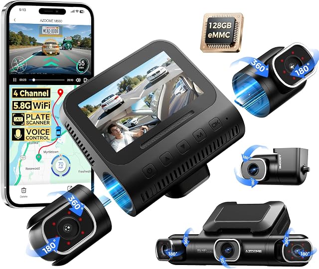 AZDOME M660 360° 4 Canal Dash Cam, intégré 128GB eMMC, 2K+1080P*3 Dashcam Avant et Arrière à gauche à droite, commande vocale, 5G WiFi Caméra Dash pour les voitures avec 4 Objectifs réglables, IR Vision nocturne