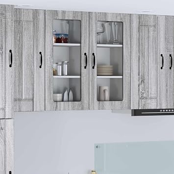 Lucca Wall Glass Cabinet Grey Sonoma Made of Wood Material 40 x 31 x 80 cm with 3 Shelves and Door, Modern Kitchen Cabinet for Storage Space Freestanding and Versatile Use