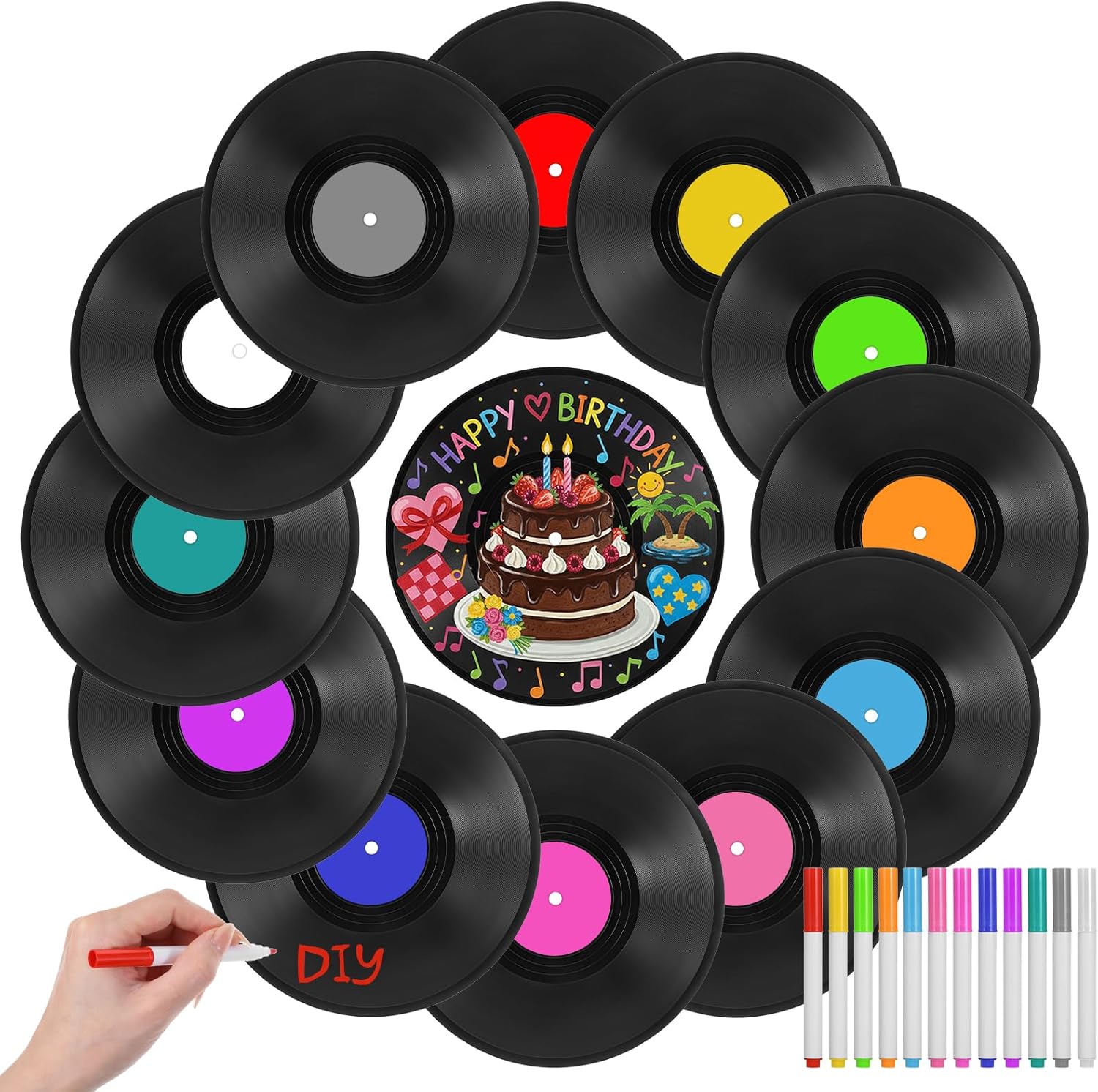 12 Pack 12 Inch Blank Vinyl Record Decor with 12 Colored Markers, Fake Vintage Record for Indie Wall Aesthetic Room Decor, 70s 80s 90s Rock & Roll Music Party Decor Retro Records for Home Decoration