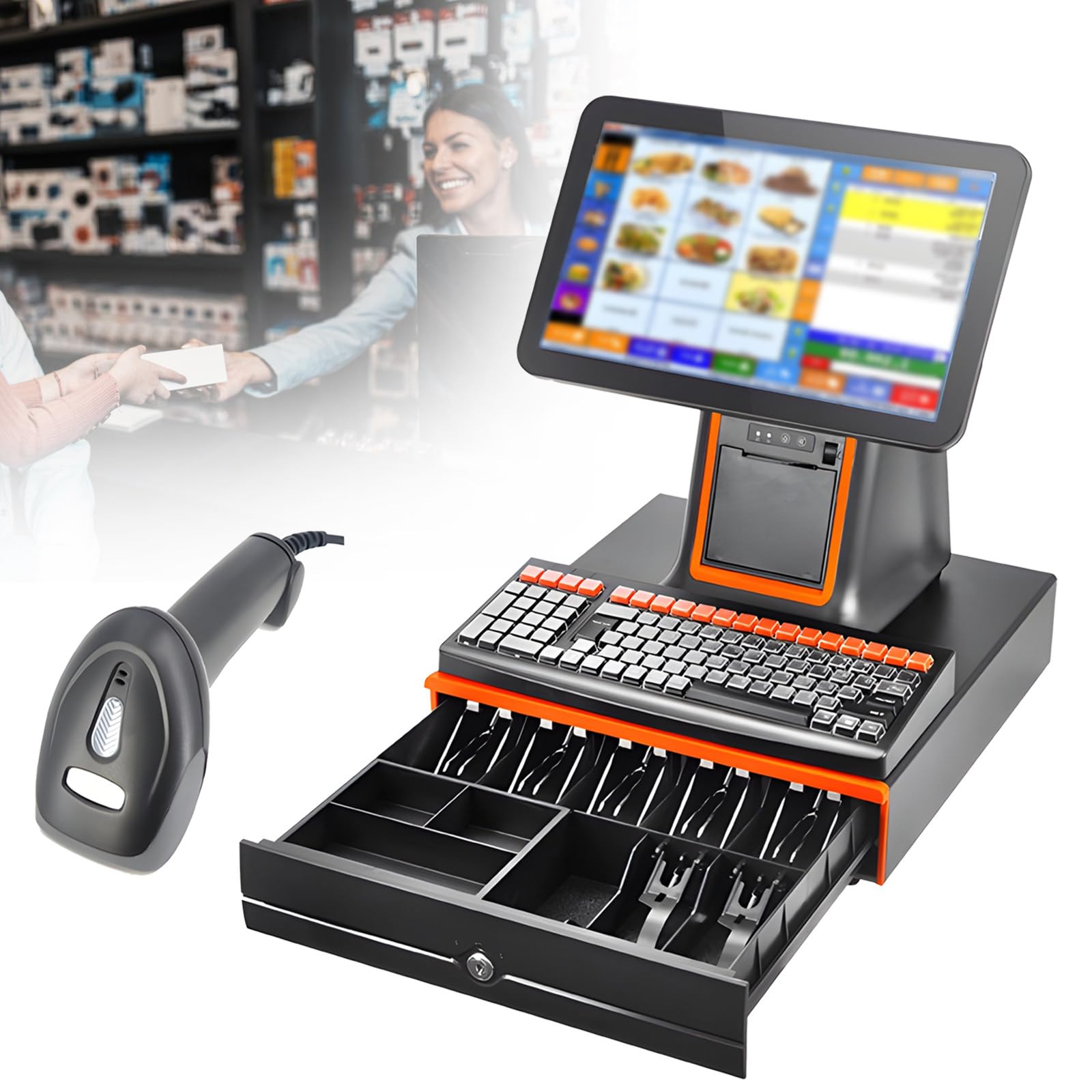 Caja registradora táctil multifunción, Sistema POS, gestión de Efectivo para comercios minoristas (Negro)