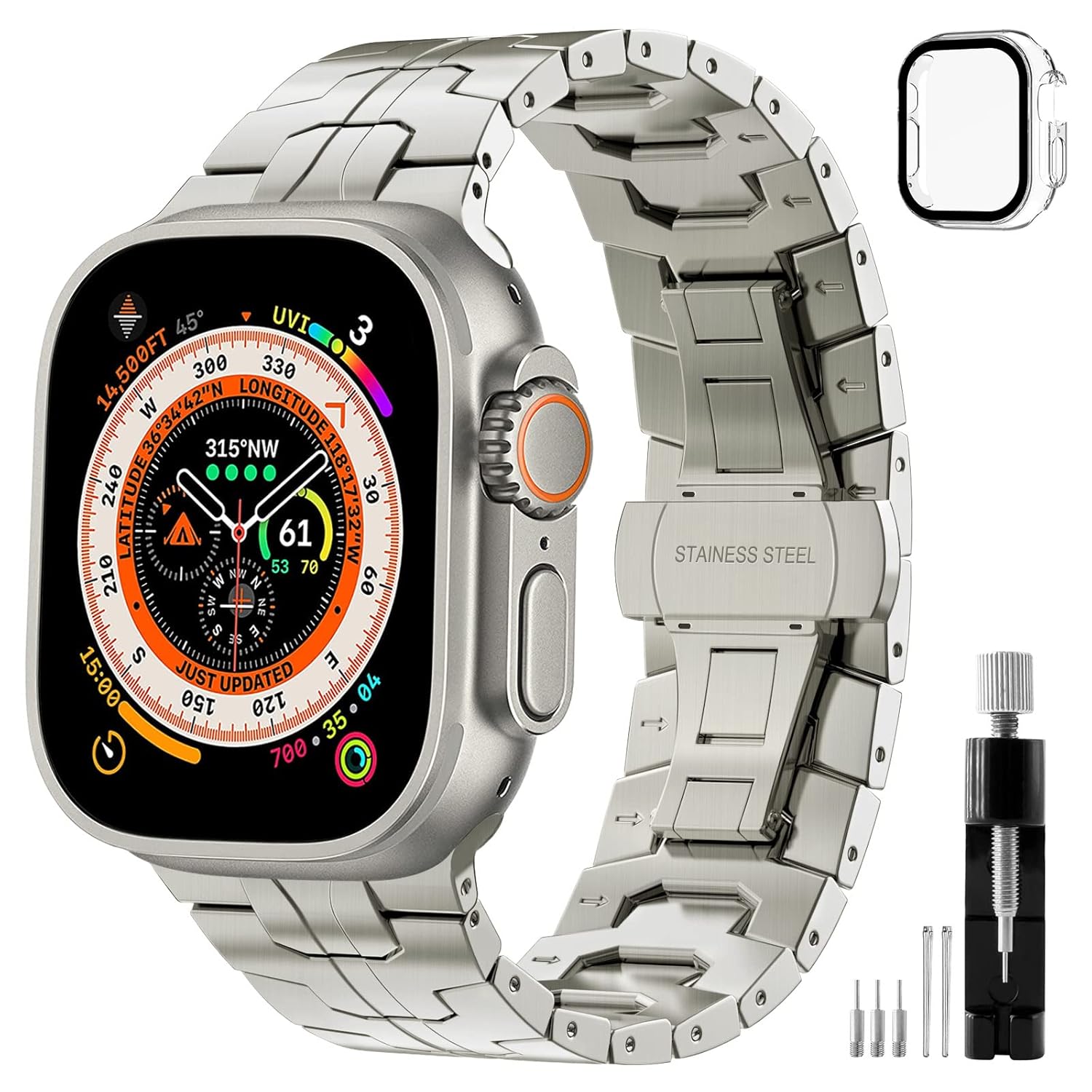 Titanium Metal Band Compatible with Apple Watch Band Ultra 49mm 45mm 44mm 42mm，with Titanium Strap for Butterfly Clasp for iWatch Series 8/7/6/5/4/3/2/1 SE (Contains Apple Watch Ultra Case)