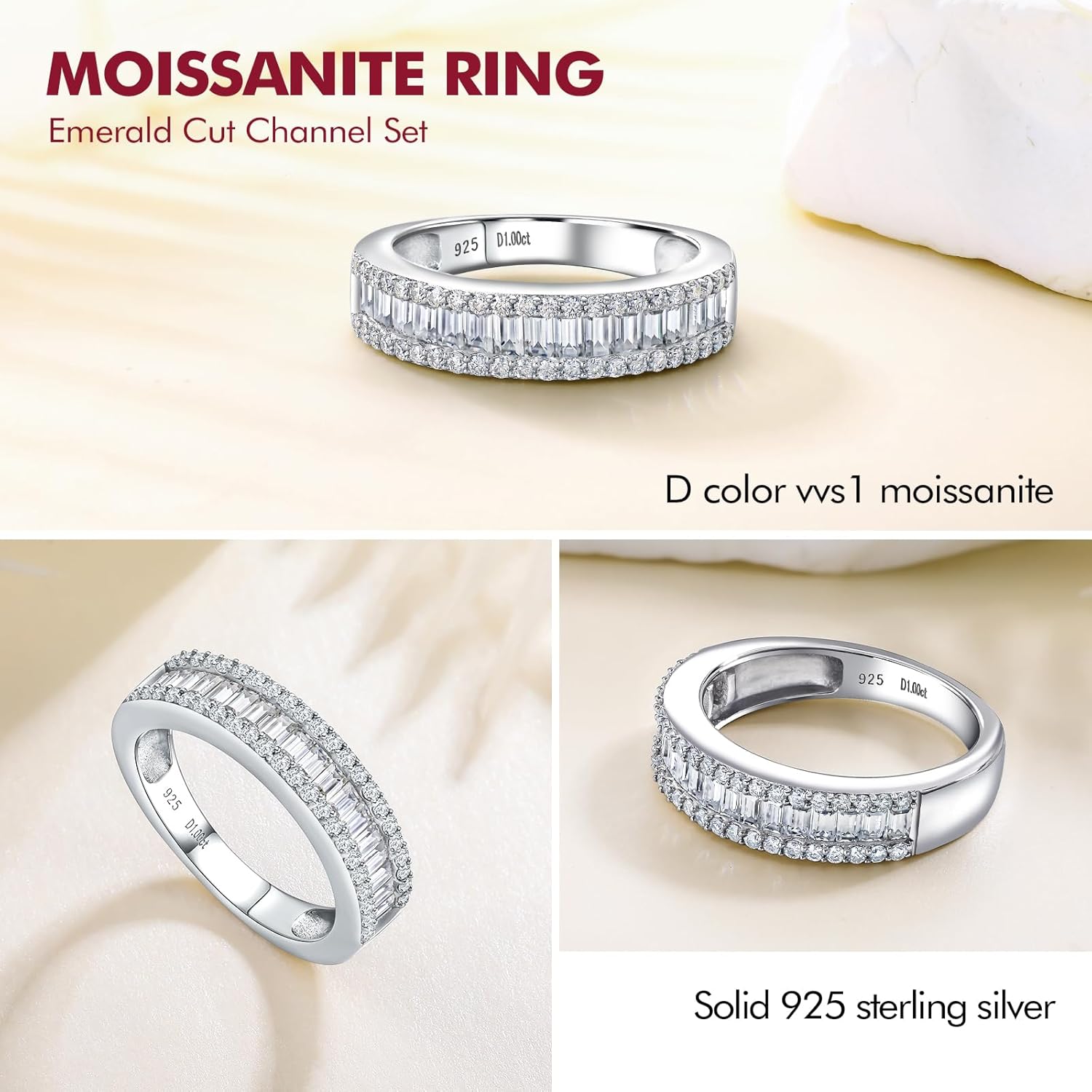 DAYBYDAY Emerald Cut Channel Set Moissanite Wedding Band 925 Sterling Silver 1 Carat Baguette Moissanite Eternity Band Rings for Women Men - Image 5