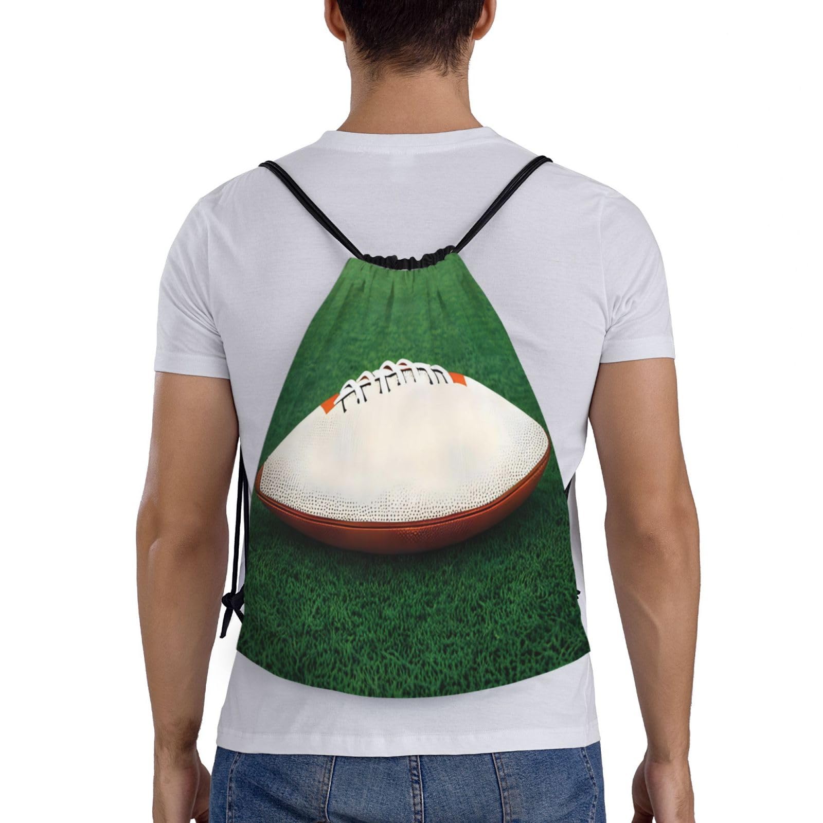 AthuAh White Rugby Ball Drawstring Bag, Sports Backpack, Fitness Backpack, Waterproof, Large Capacity, Foldable, Medium