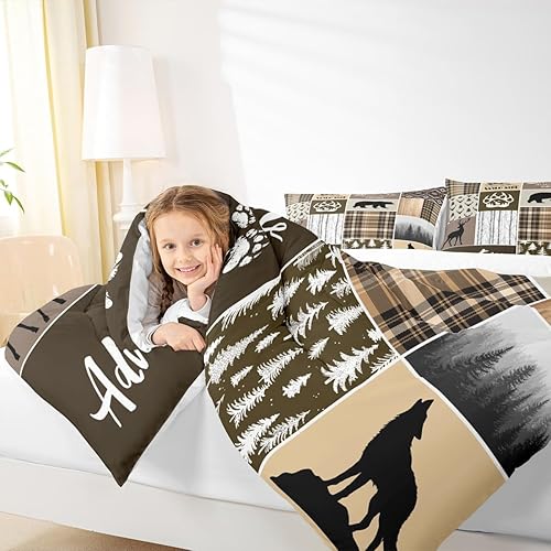 Miniatura 7 de Juego de edredón rústico para niños, tamaño Queen, diseño de retazos de ciervos, cuernos de oso, patas de oso para decoración de habitación de