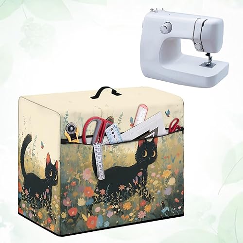 Miniatura 208 de Mumeson Cubierta antipolvo para máquina de coser de gatos negros con flores, para la mayoría de máquinas de coser estándar, plegable, duradera