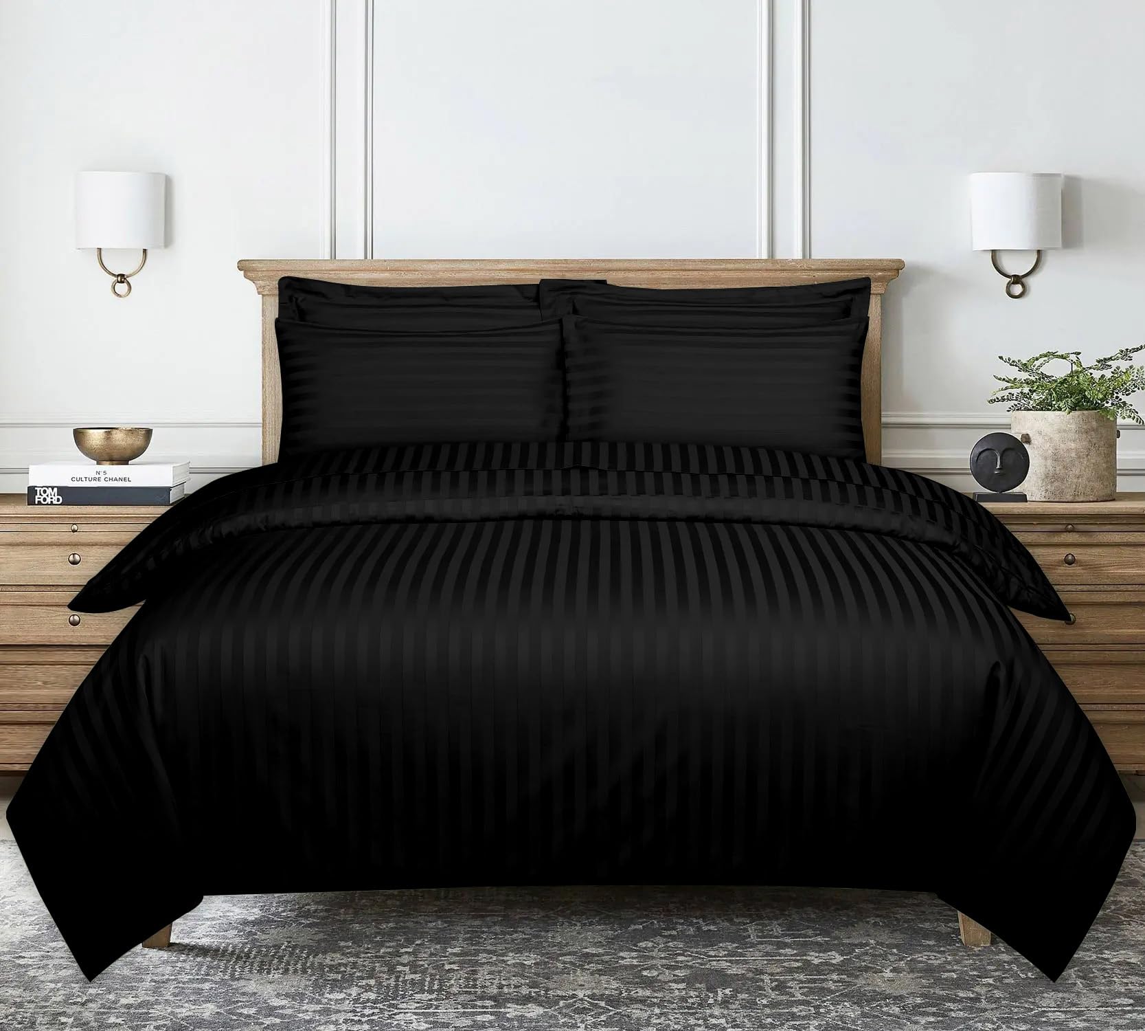 Duvet Cover Stripe Satin Superking, Black Reversible Soft Microfiber