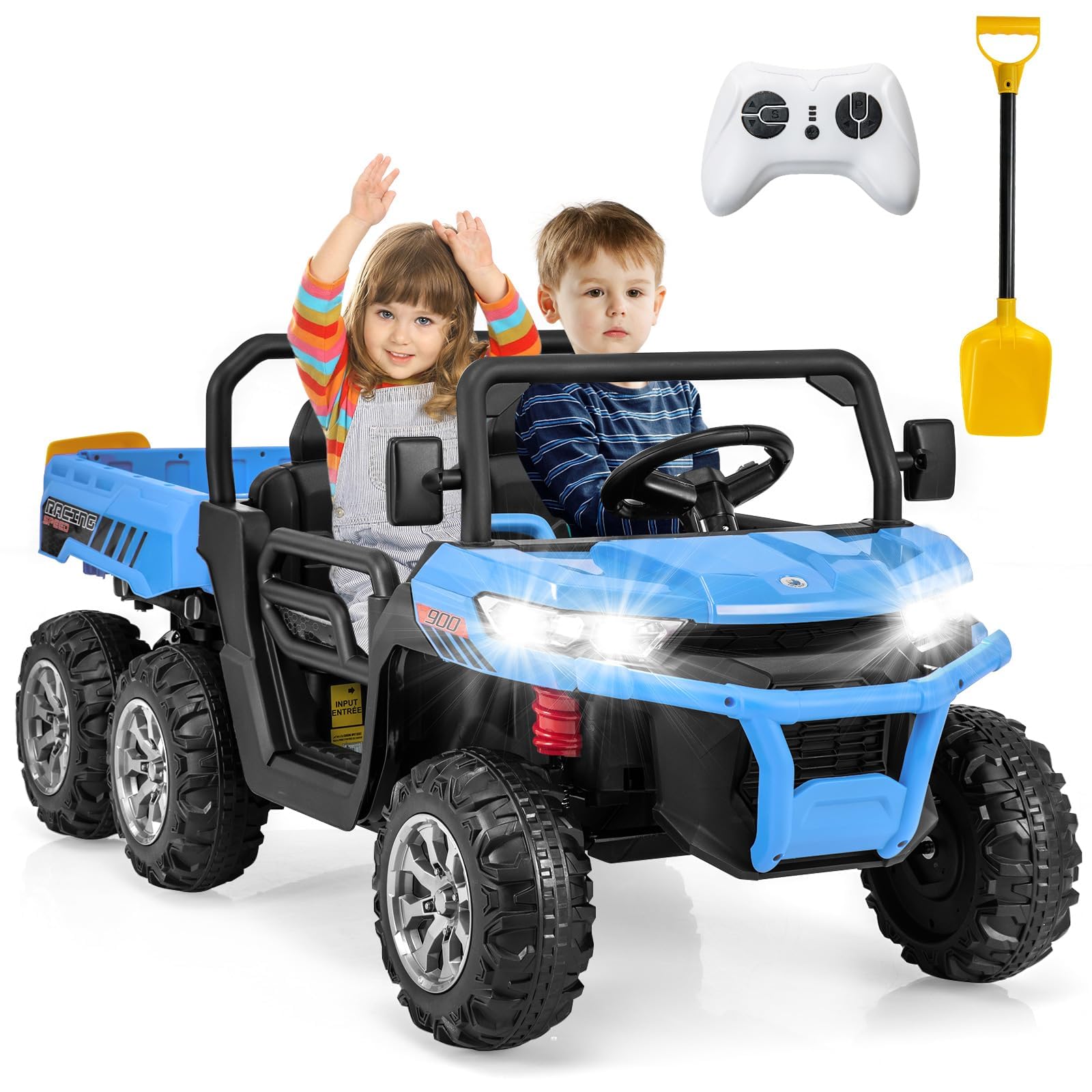 OLAKIDS 24V 2 Seater Ride on Dump Truck, 4WD 6x6 Battery Powered Kids UTV with Remote Control, 4 x 90w Engine, Electric Dump Bed, Spring Suspension, Ride on Toys for Big Kids (Azure)