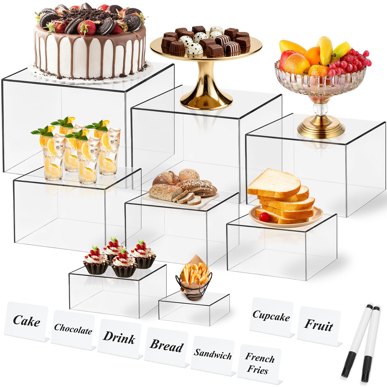 Photo 1 of 8 Pcs Clear Acrylic Boxes for Display, Acrylic Food Risers & Acrylic Cube Set (3"-8"), with 8 White Display Boards & 2 Markers, Clear Risers for Food, Decor, Party, Retail