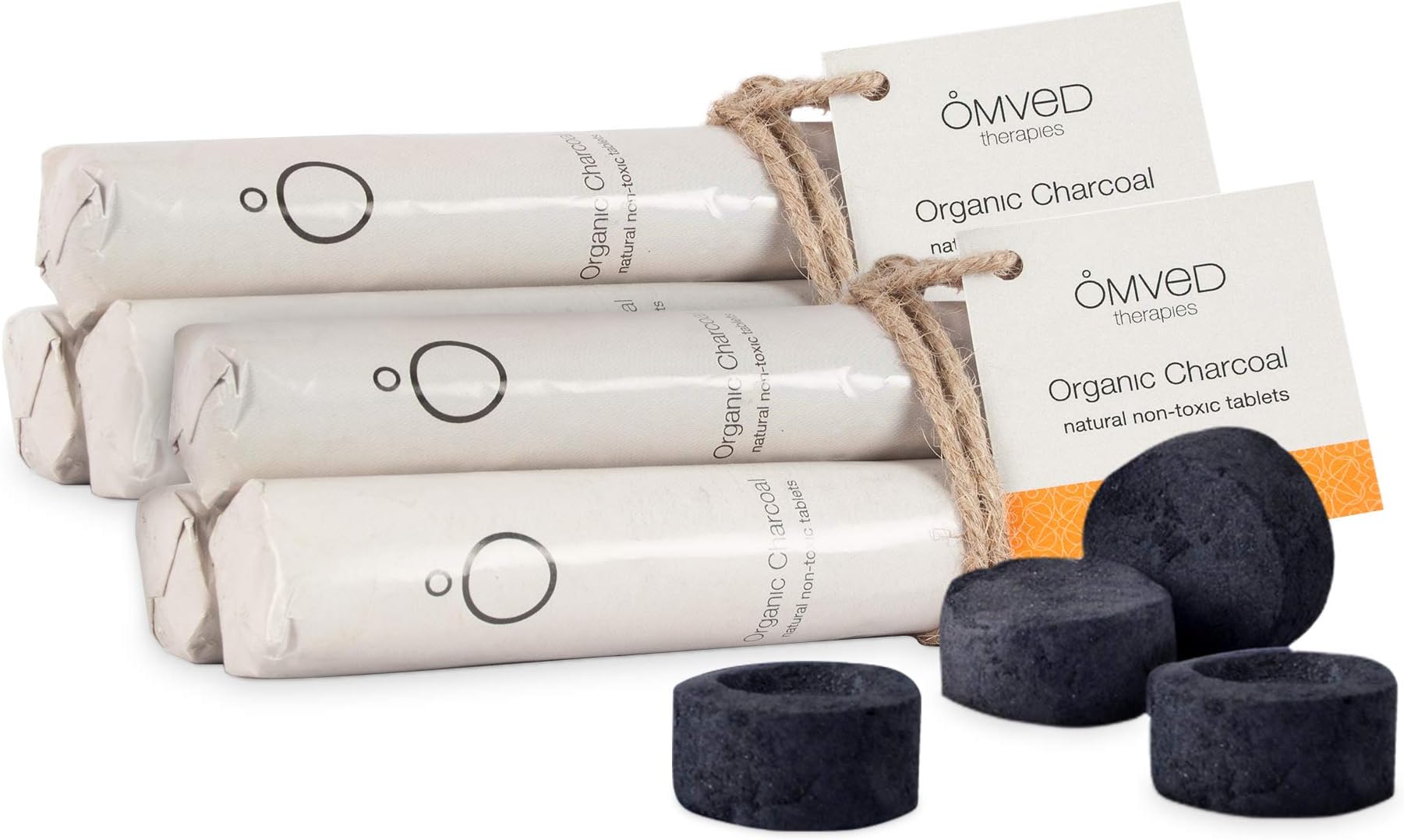 OmvedOrganic Charcoal Tablets for Multipurpose Use & Burning Dhoop, Slow-Burning, Unique Bowl-Like Cavity Holds Contents & Burns - 60 Tablets/Pack of 6 Rolls