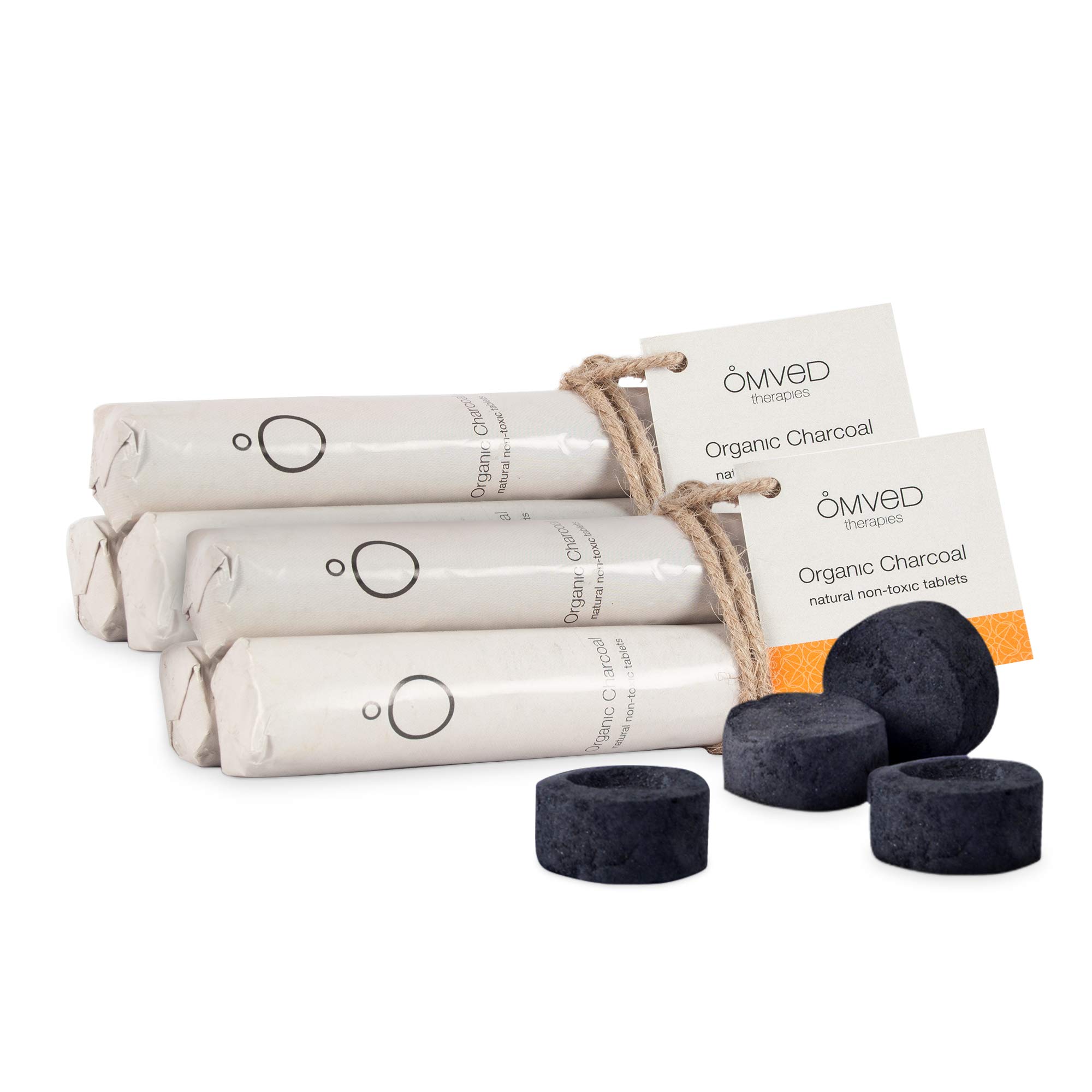 OmvedOrganic Charcoal Tablets for Multipurpose Use & Burning Dhoop, Slow-Burning, Unique Bowl-Like Cavity Holds Contents & Burns - 60 Tablets/Pack of 6 Rolls