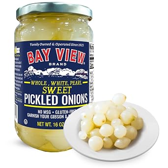 Bay View Pickled Onions, Whole Sweet Pickled Pearl Onions, Gibson and Martini Cocktail Garnish, Ready to Eat in Glass Jar (16oz)
