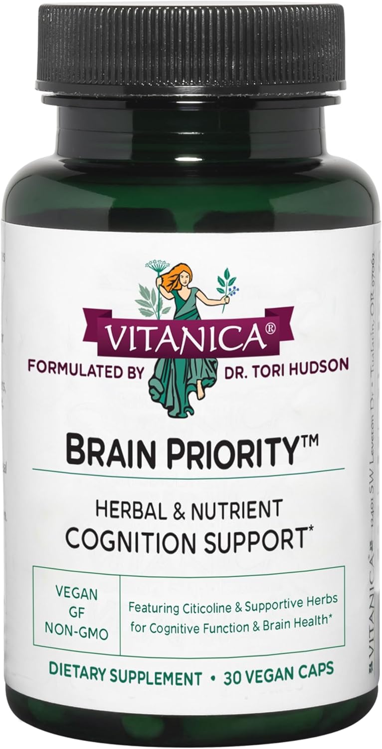 Vitanica Brain Priority - Brain Health Supplement and Cognition Support with Nootropic Citicoline, and Bacopa, Curcumin, and Saffron - Supports Memory, Focus, and Clarity - Vegan - 30 Capsules