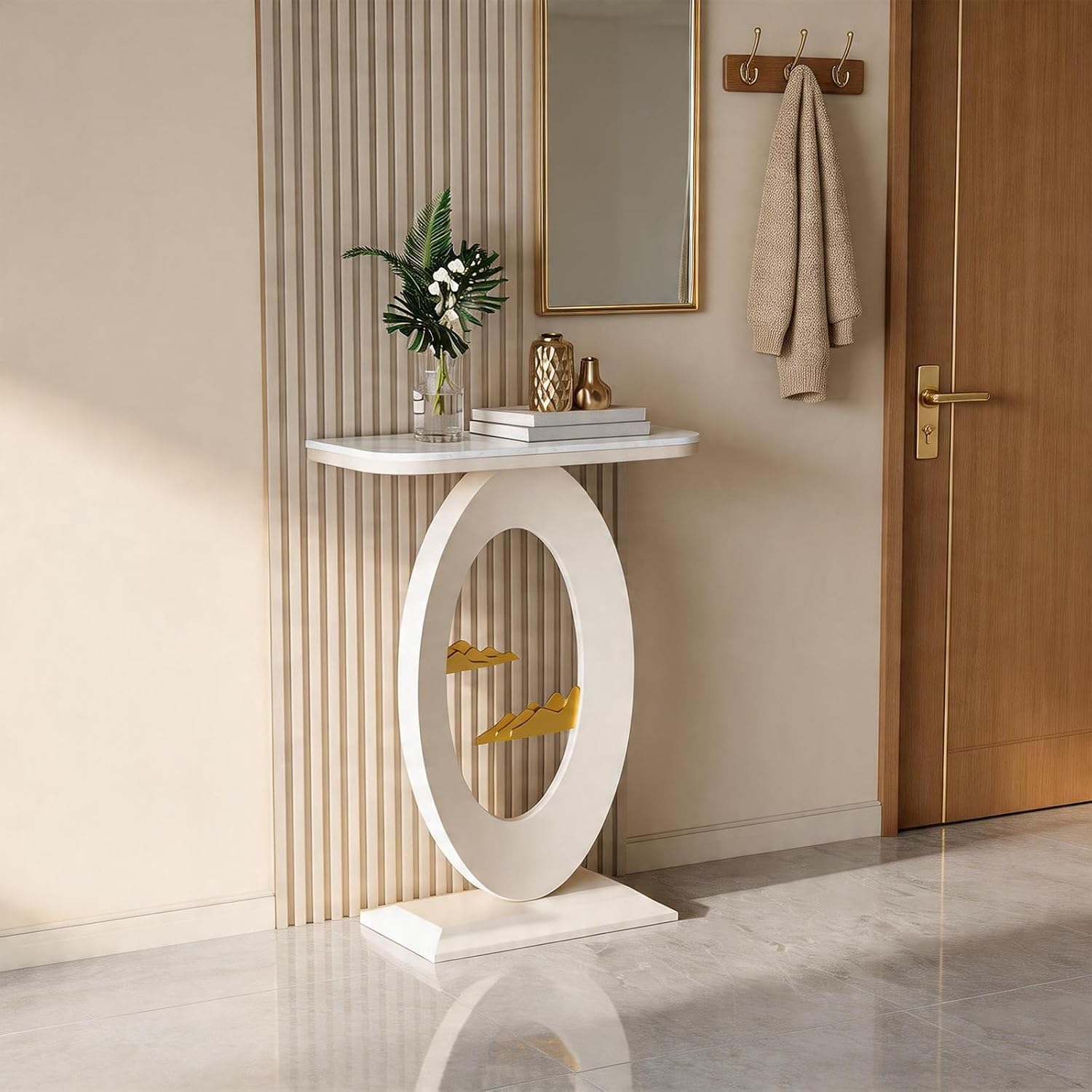 Modern Console Table, Solid Engineered Stone Top, for Narrow Entryway, Behind Sofa, 40cm/15.7" (Black/Gray)(Gold+White,40cm/15.7in)